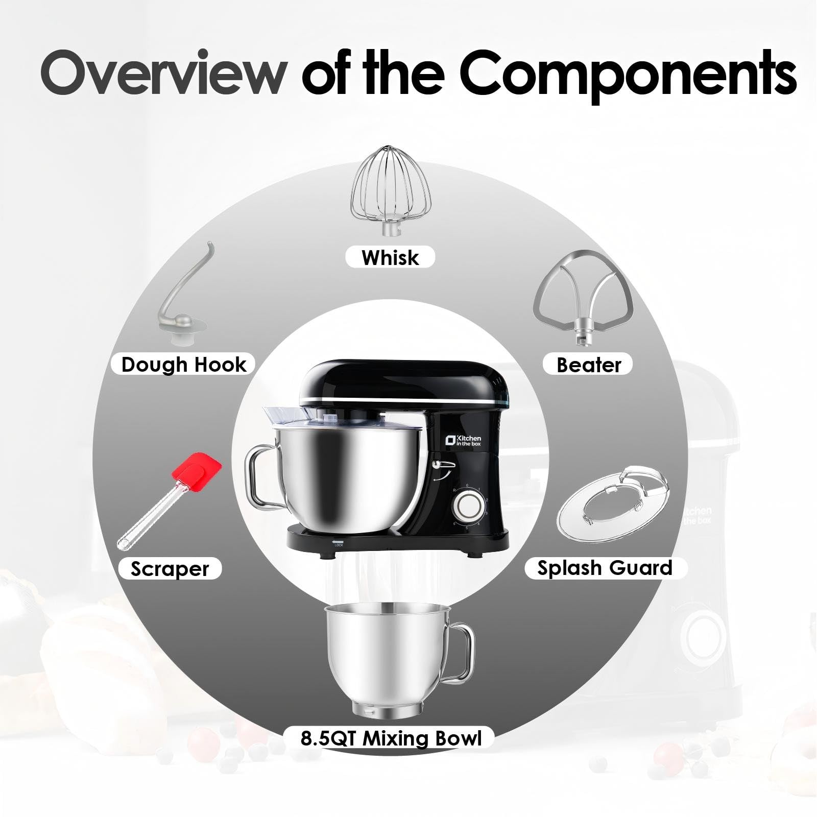 900W 8.5QT Stand Mixer - 6-Speed Electric Kitchen Mixer with Dough Hook, Flat Beater & Egg Whisk - Large Capacity Food Mixer for Baking, Cooking & Meal Prep - Perfect for Home Bakers & Professional Chefs (Black)