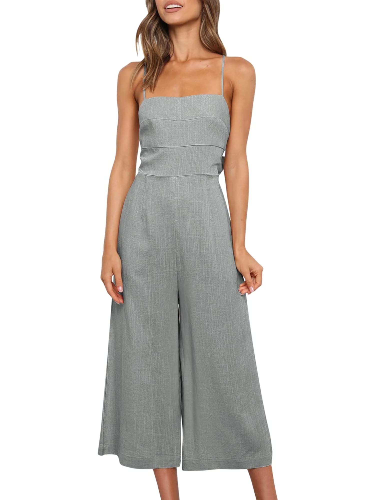 Women's Summer Sleeveless Spaghetti Strap Jumpsuit - Tie Back High Waist Wide Leg Romper | Casual Beachwear, Vacation Outfit, Party Dress for Women