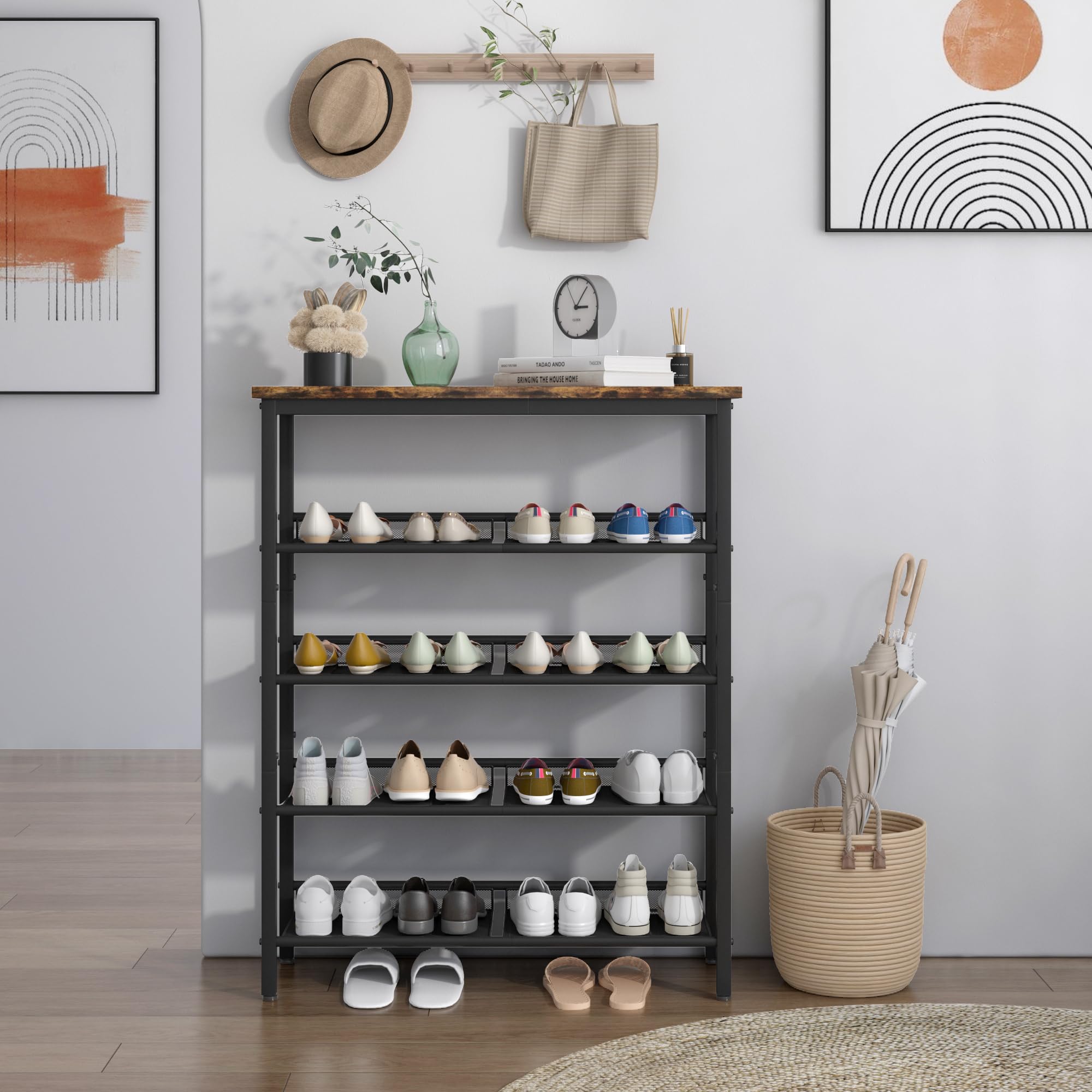 Gecheer 5-Tier Adjustable Industrial Shoe Rack with 4 Mesh Shelves - Rustic Country Style Entryway Storage Organizer for Shoes, Boots & Accessories | Perfect for Living Room, Bedroom, Porch & Hallway Organization