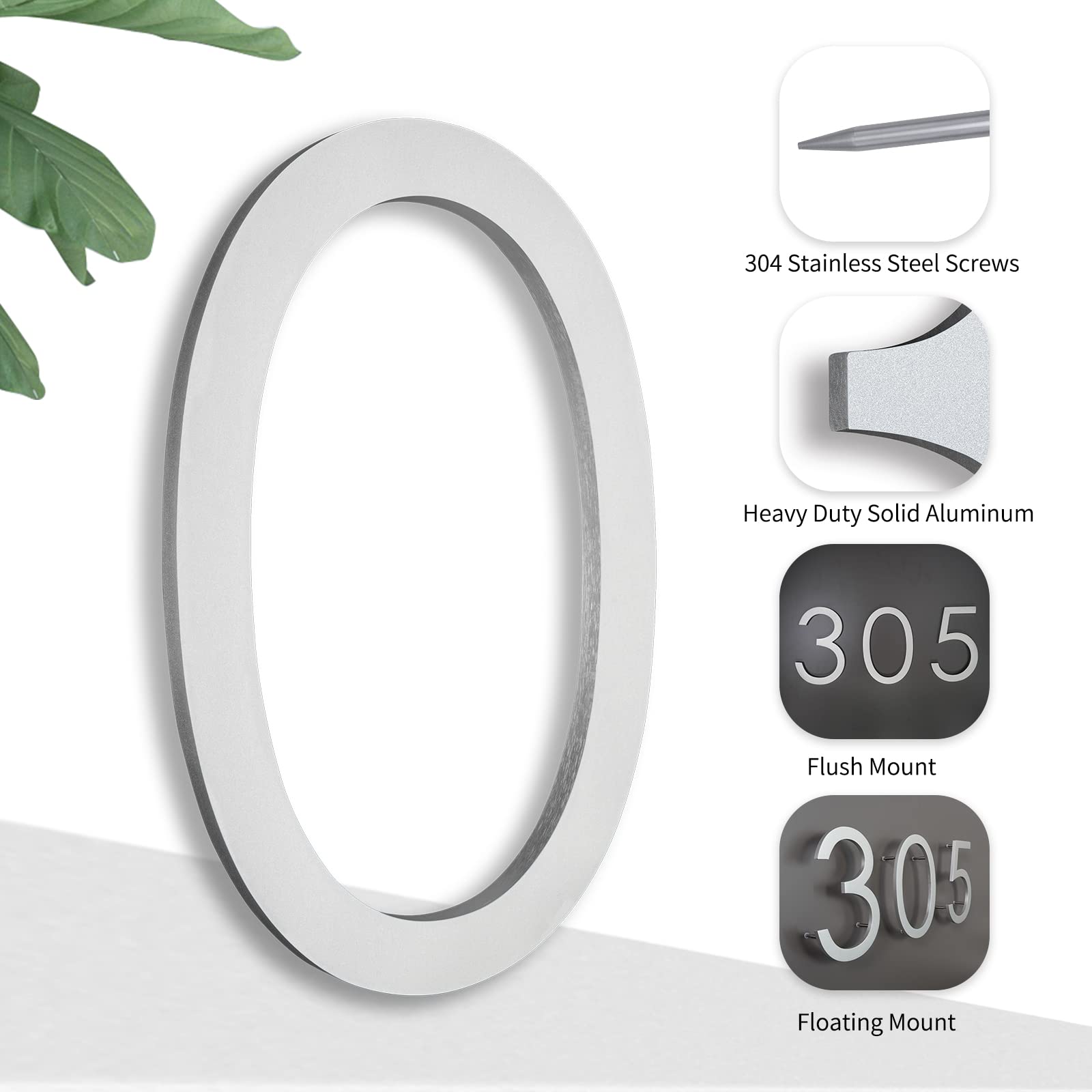 8 Inch Modern Floating Flush Mount Aluminum House Numbers - Large Silver Metal Address Plaque for Outdoor Door, Street & Mailbox (Weatherproof, Easy Installation) - Perfect for Home, Apartment, Business & Garden Gate Address Signage