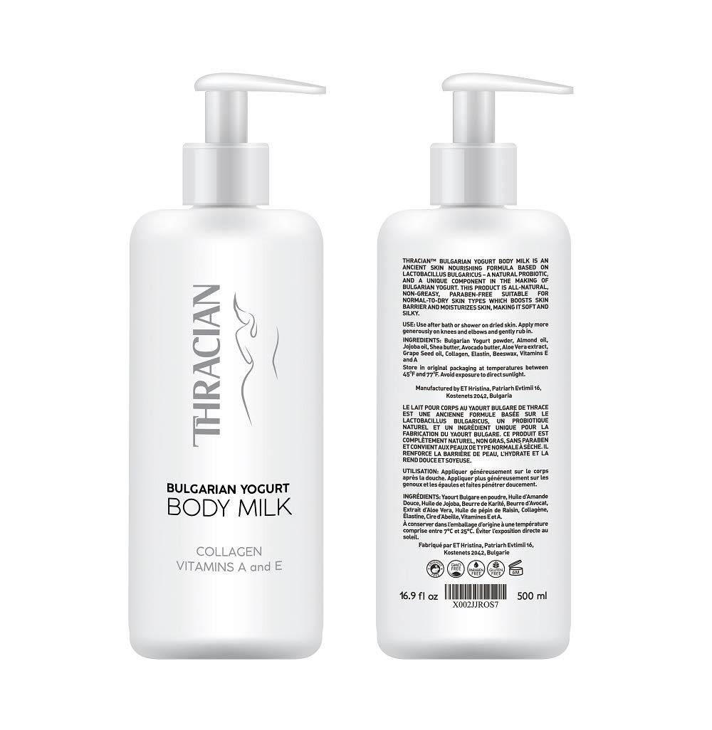 Thracian Bulgarian Yogurt Natural Moisturizing Body Lotion with Essential Oils, Collagen, Vitamins E & A - Extra Soothing for Sensitive & Dry Skin, Non-Greasy, 500ml (16.9 Fl Oz) | Hydrating Daily Skincare for Women & Men, Perfect for After Shower or Before Bed