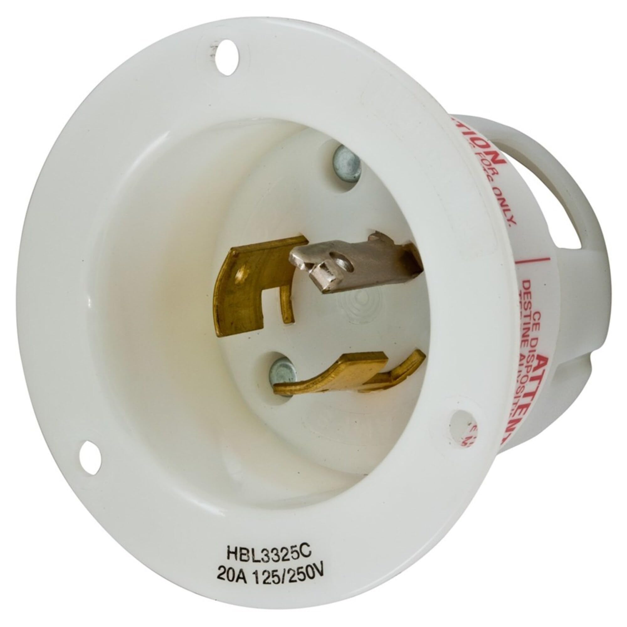 Hubbell Twist-Lock Flanged Inlet 20A 125/250V 3-Pole 3-Wire Non-Grounding Industrial Locking Device, Screw Terminal, White - Ideal for Heavy-Duty Industrial Equipment and Machinery