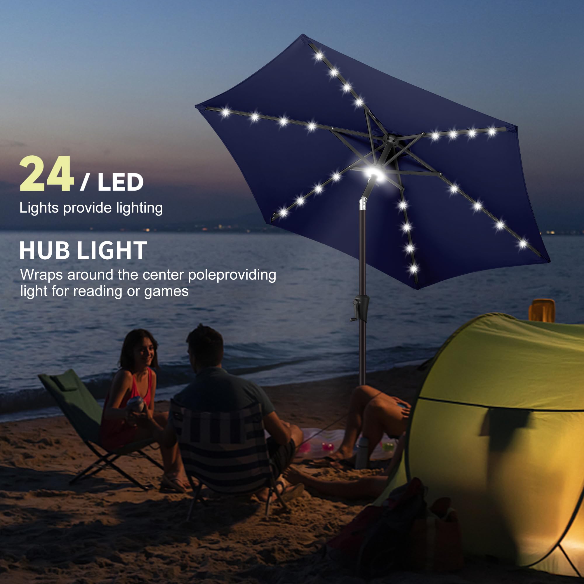 7.5ft Solar Powered LED Patio Umbrella - Waterproof Outdoor Table Umbrella with 24 LED Lights & UV Protection, Tilt & Crank Mechanism for Poolside, Garden, Deck, Backyard (Dark Blue) - Perfect for Outdoor Dining, Lounging, and Summer Entertaining