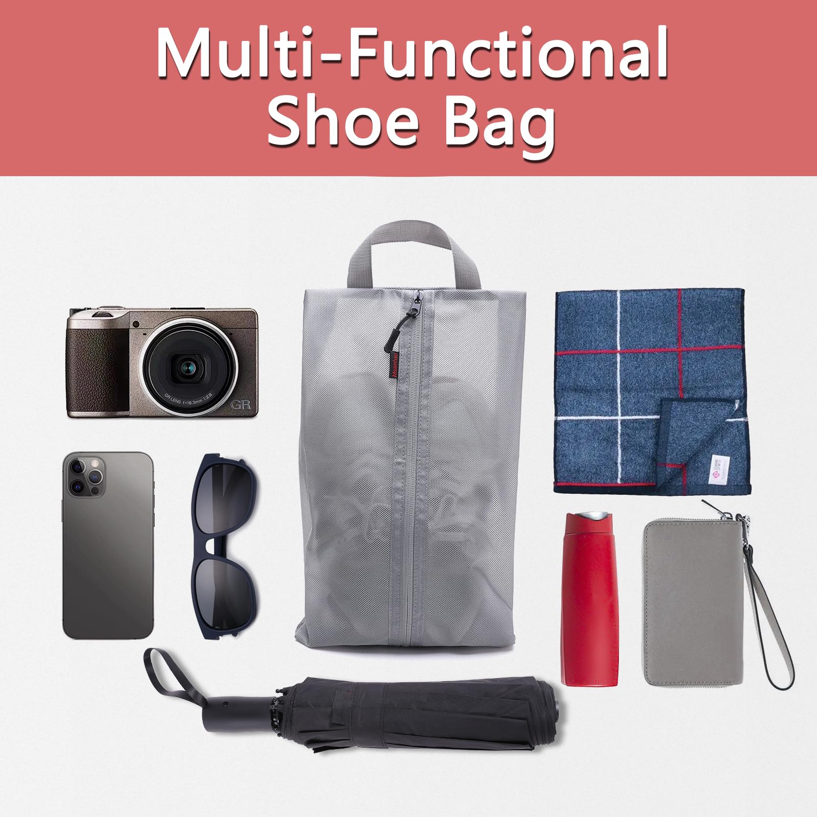 Waterproof & Dustproof Shoe Bags for Travel - Zippered Shoe Storage Pouch with Handle for Men & Women (Grey, 2-Pack) - Perfect for Gym, Work, Vacation & Airplane Carry-On Luggage