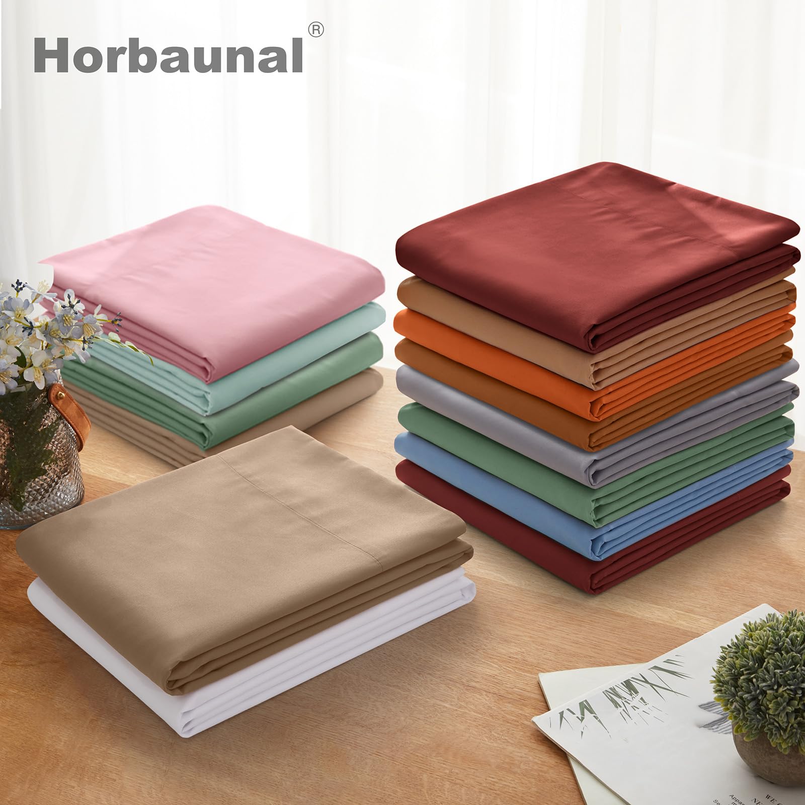 Horbaunal 2 Pack King Size Flat Bed Sheets Only - 1800 Thread Count Microfiber Taupe Wrinkle Free & Ultra Soft Top Sheets - Perfect for Master Bedroom, Guest Room or Vacation Home