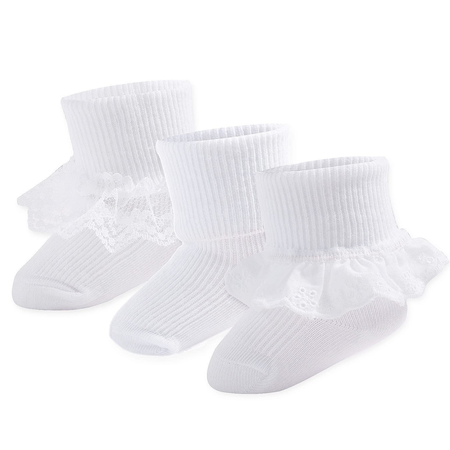 Adorable Baby Girl Socks with Eyelet Triple Lace Ruffles - 2/3/5 Pairs Ankle Dress Socks for Newborns, Infants & Toddlers - Perfect for Special Occasions, Photo Shoots & Everyday Wear
