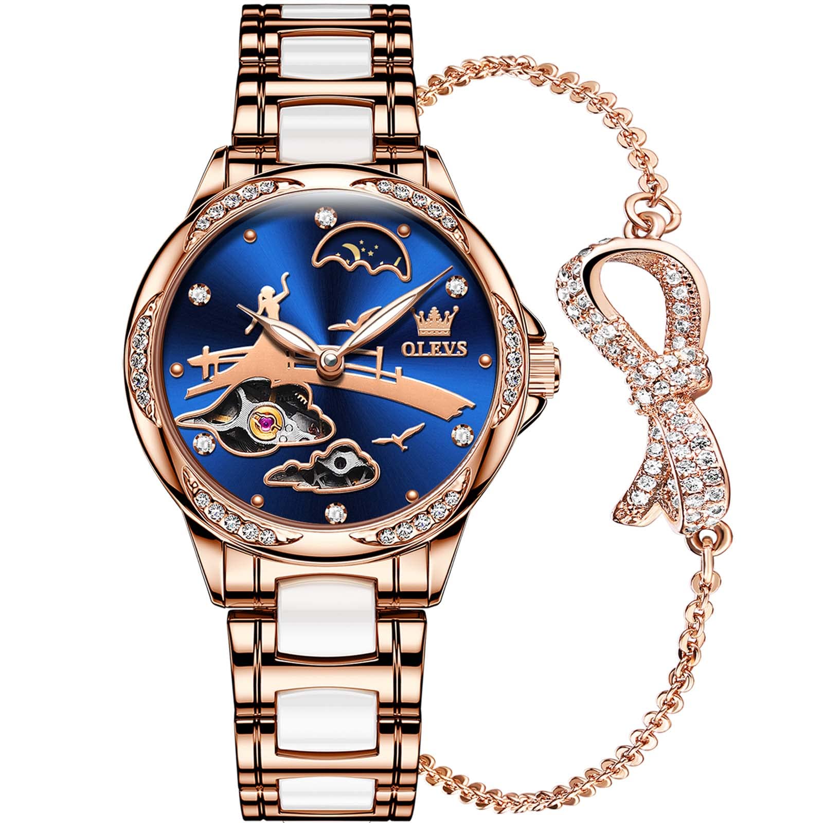 OLEVS Women's Elegant Automatic Watch - Self Winding Diamond Waterproof Ladies Watch with Large Face, Two-Tone Stainless Steel & Ceramic Band | Perfect for Business, Party & Everyday Wear