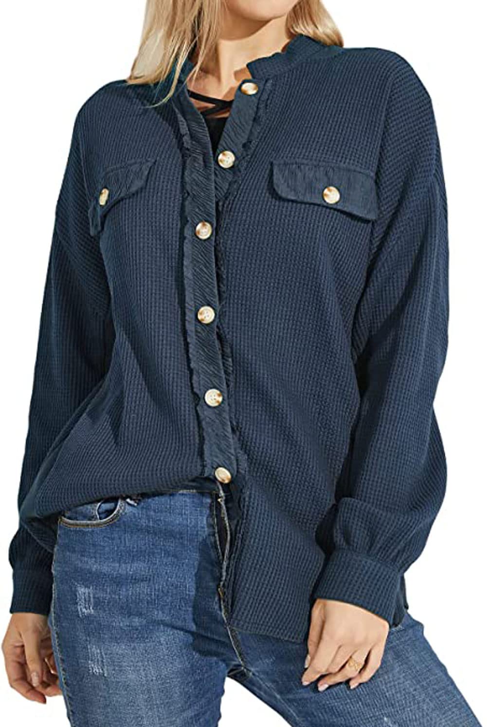 Loveimgs Women's Oversized Waffle Knit Shirt - Corduroy Long Sleeve Button Down Shacket Jacket for Fall | Casual Outfit, Layering Piece & Outdoor Activities