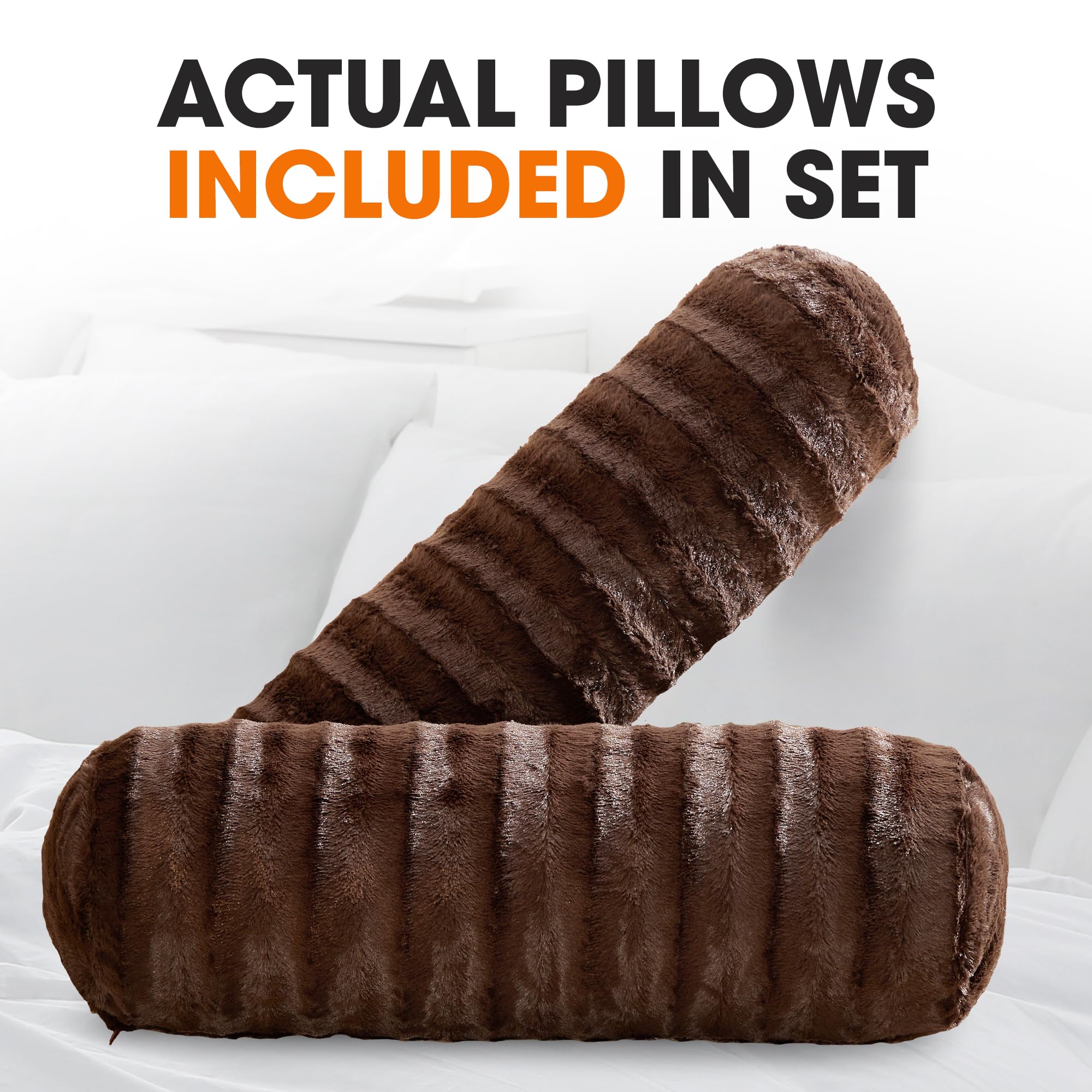Cheer Collection Faux Fur Cylinder Pillows - 8” x 24” Decorative Bolster Pillows for Bed & Couch, Machine Washable (2pk, Choco) - Perfect for Living Room Sofa, Bedroom Decor & Home Accent