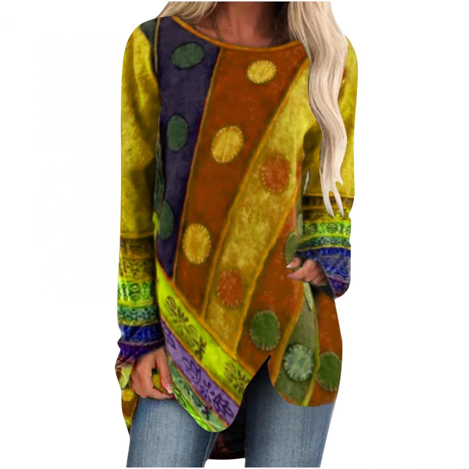 Vintage Women's Casual Long Sleeve T-Shirt - Round Neck Loose Tunic Top with Irregular Hem | Perfect for Layering, Everyday Wear & Boho Outfits