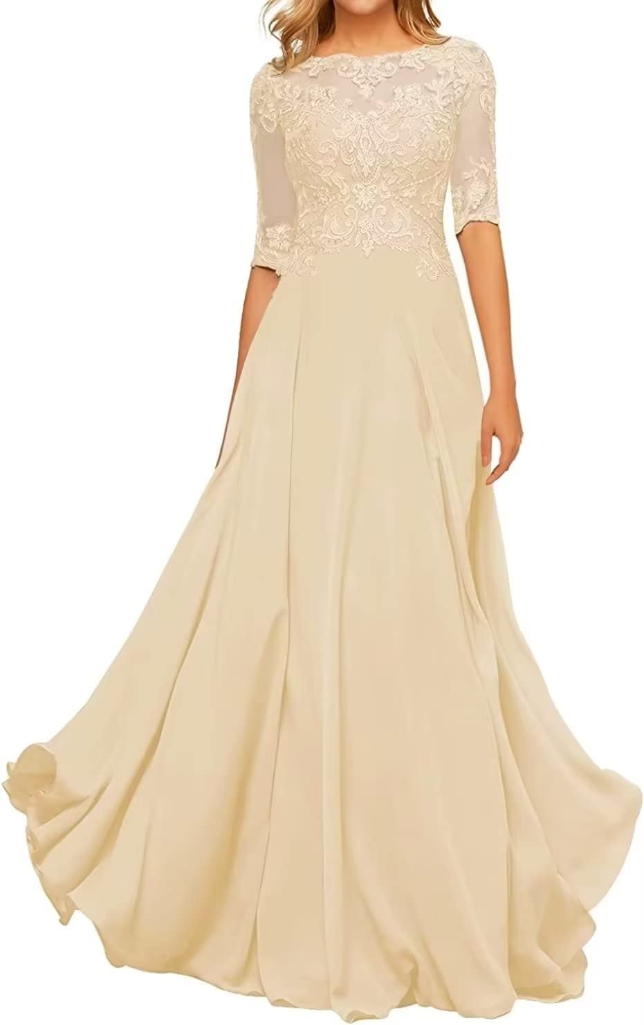Elegant Lace Chiffon Mother of The Bride Dress - Long Evening Gown with Half Sleeves for Wedding Guest & Special Occasions | Perfect for Formal Events, Ceremonies & Evening Parties