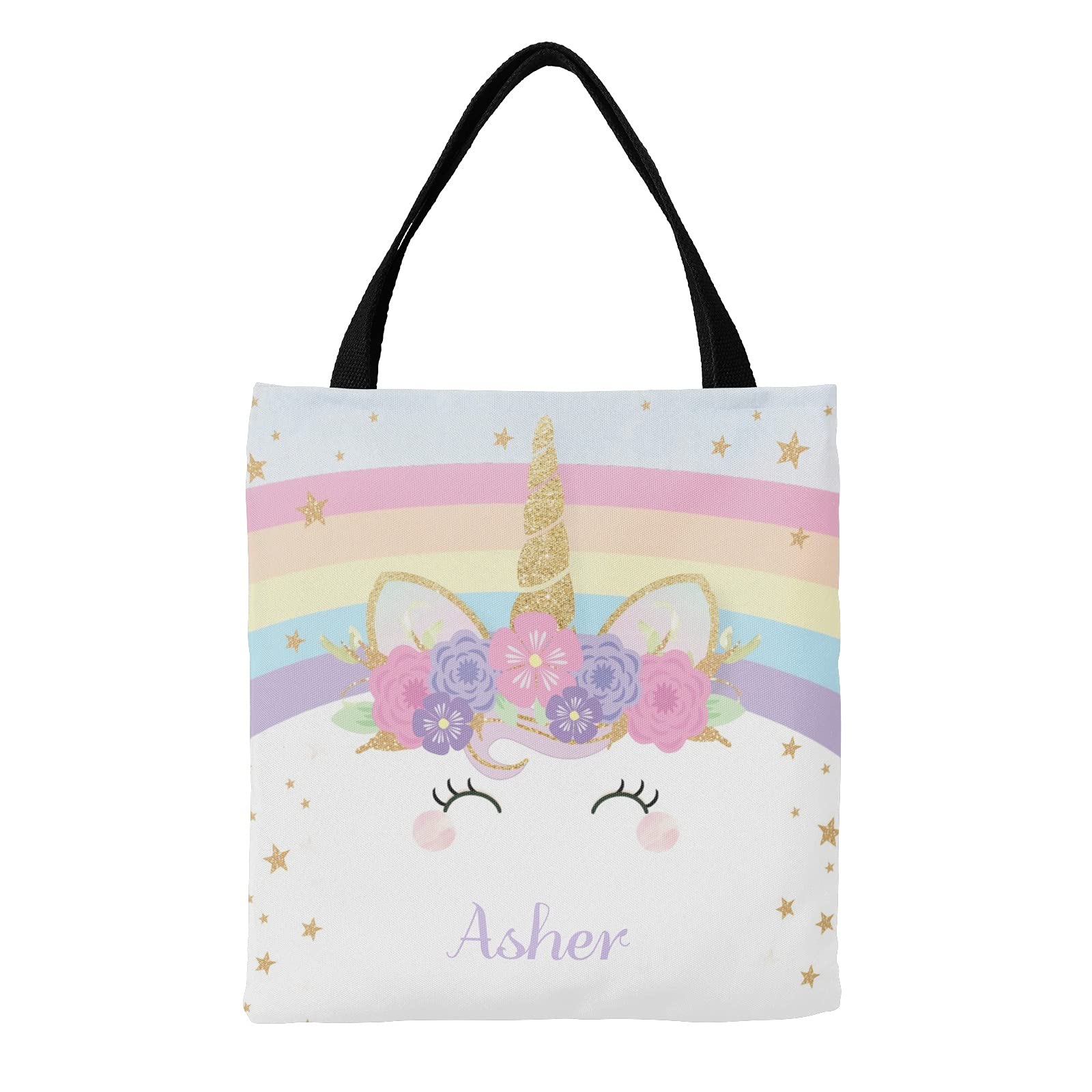 Personalized Unicorn Rainbow Canvas Tote Bag for Women & Kids - Reusable Shopping, Travel, School Handbag Gift - 14.17 x 14.57 Inches - Perfect for Groceries, Beach Trips & Daily Use