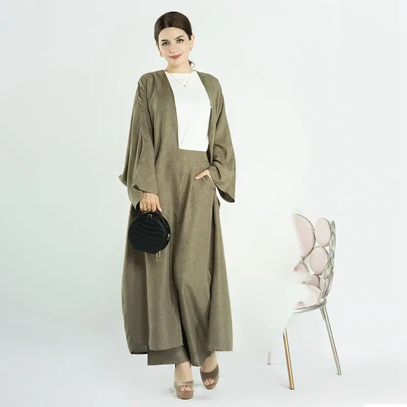 2 Piece Open Abaya with Matching Pants Set - Modest Muslim Women's Office Wear & Work Clothes | Elegant Prayer Dress for Mosque, Professional Outfit for Business, Comfortable Daily Wear