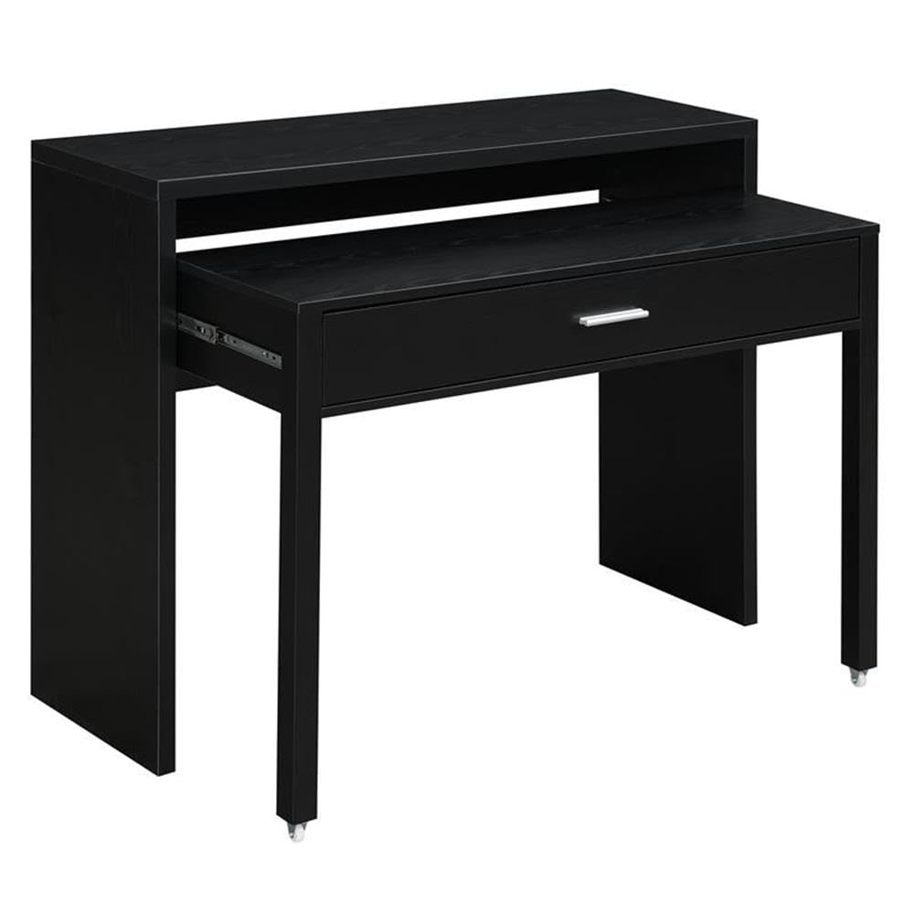 Modern Black Wood Console Desk with Sliding Drawer & Riser - Stylish Home Office & Living Room Furniture for Workspace Organization