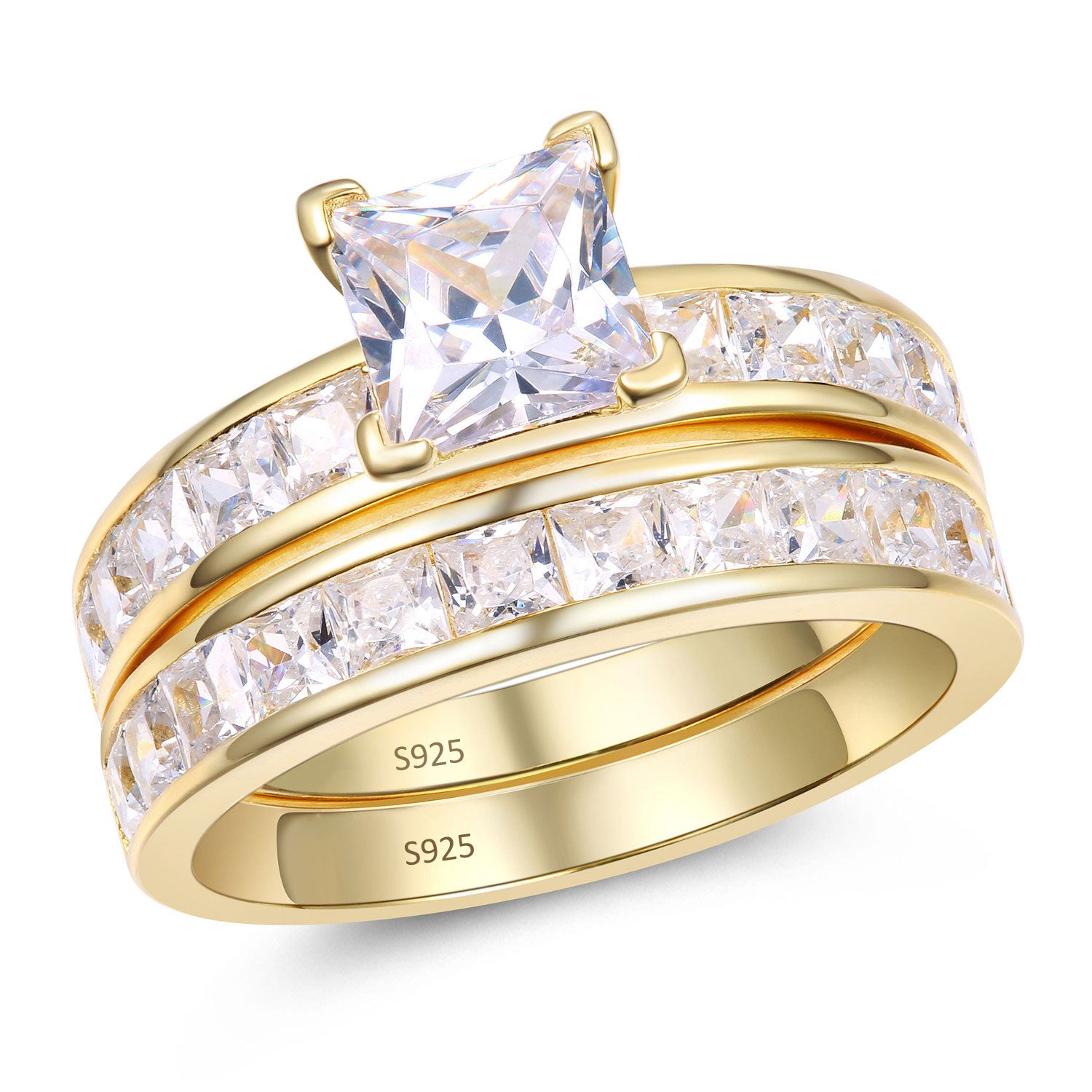 MABELLA 14K Gold Plated Wedding Ring Set for Women - Sterling Silver Princess Cut Cubic Zirconia Bridal Jewelry Set, Stainless Steel Band for Men - Perfect for Engagement, Anniversary & Special Occasions