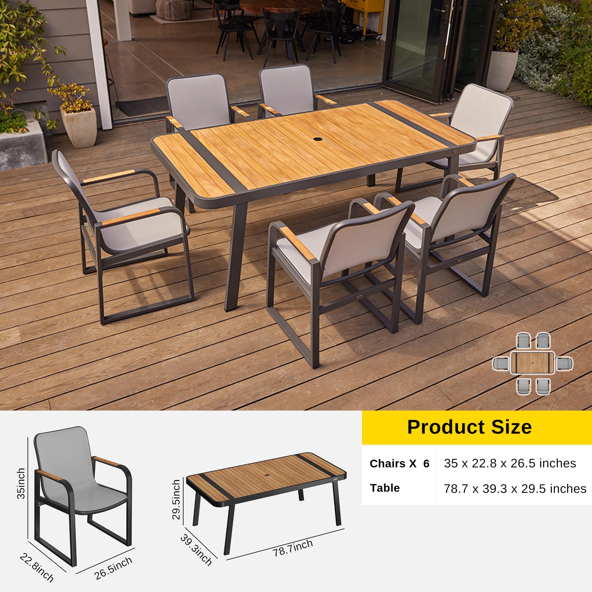 EAST OAK Signature 7-Piece Outdoor Dining Set - Teak Wood & Powder-Coated Aluminum Patio Furniture with Teslin Fabric Chairs - Perfect for Garden, Backyard, Poolside & Outdoor Entertaining - Dark Grey