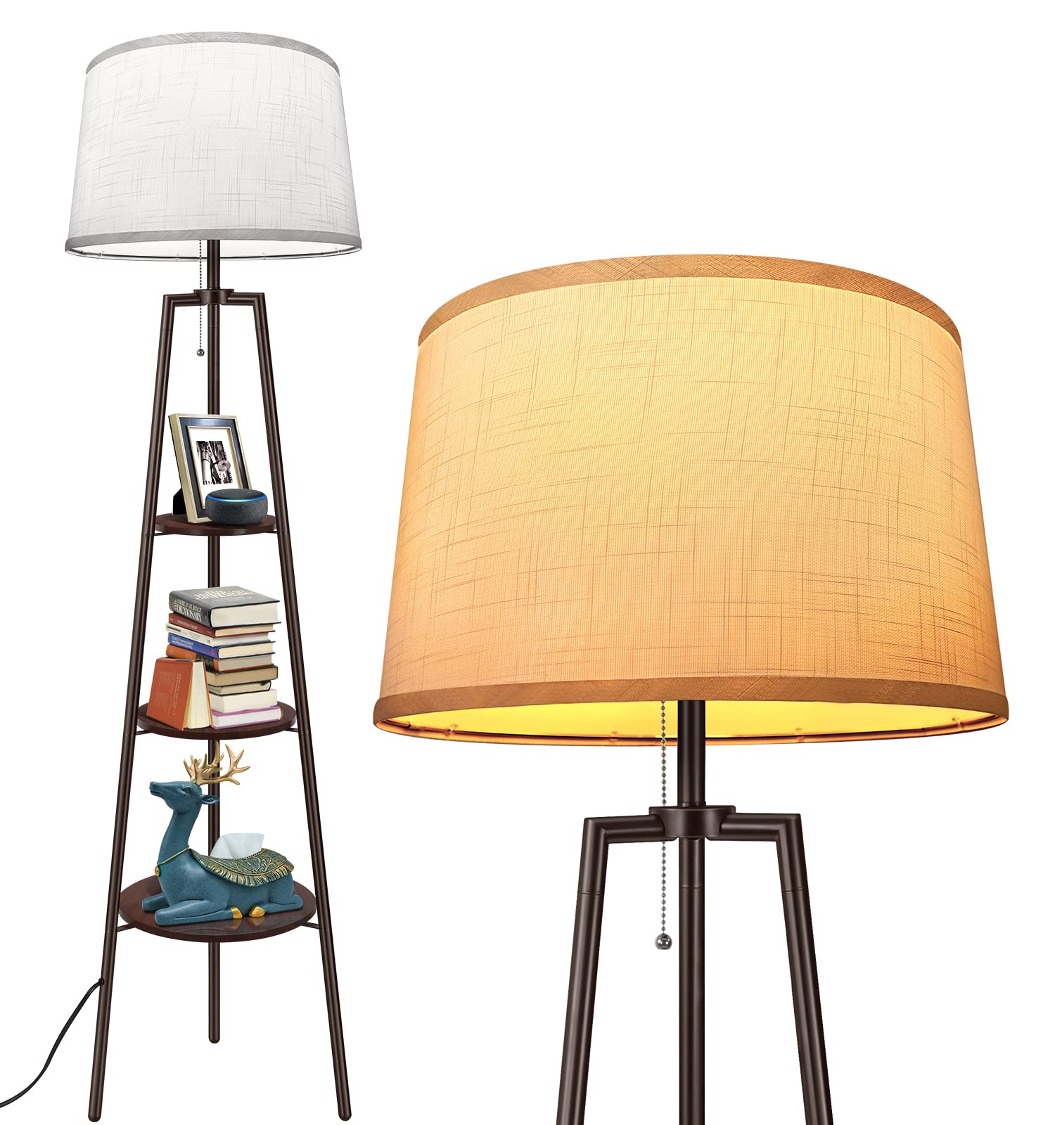 Outon Tripod Floor Lamp with Wood Shelves - Adjustable 3 Color Temperatures, Memory Function, White Linen Shade - Modern Standing Lamp for Living Room, Bedroom, Office (Brown) | Perfect for Reading, Working & Home Decor