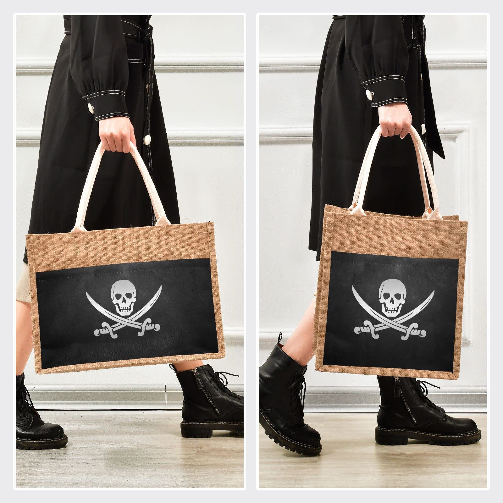 Linqin Pirate Skull Jute Tote Bag - Waterproof Burlap Straw Grocery Shopping Bag for Women & Men - Eco-Friendly Reusable Beach Tote for Travel, Market, Picnics & Daily Use