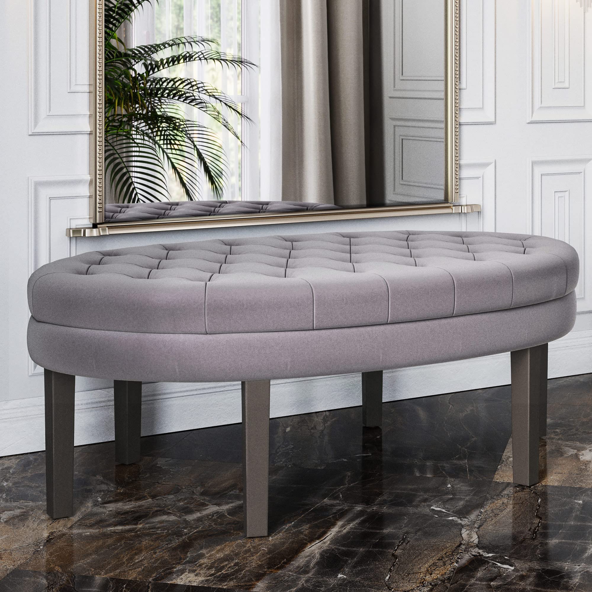 BELLEZE 46 Inch Oval Ottoman Bench with Button-Tufted Design, 6-Leg Coffee Table Footrest Stool - Upholstered in Premium Linen Fabric for Living Room, Bedroom, Entryway & Dining Room - Perfect for Extra Seating, Foot Rest & Stylish Home Decor (Tristar Gray)