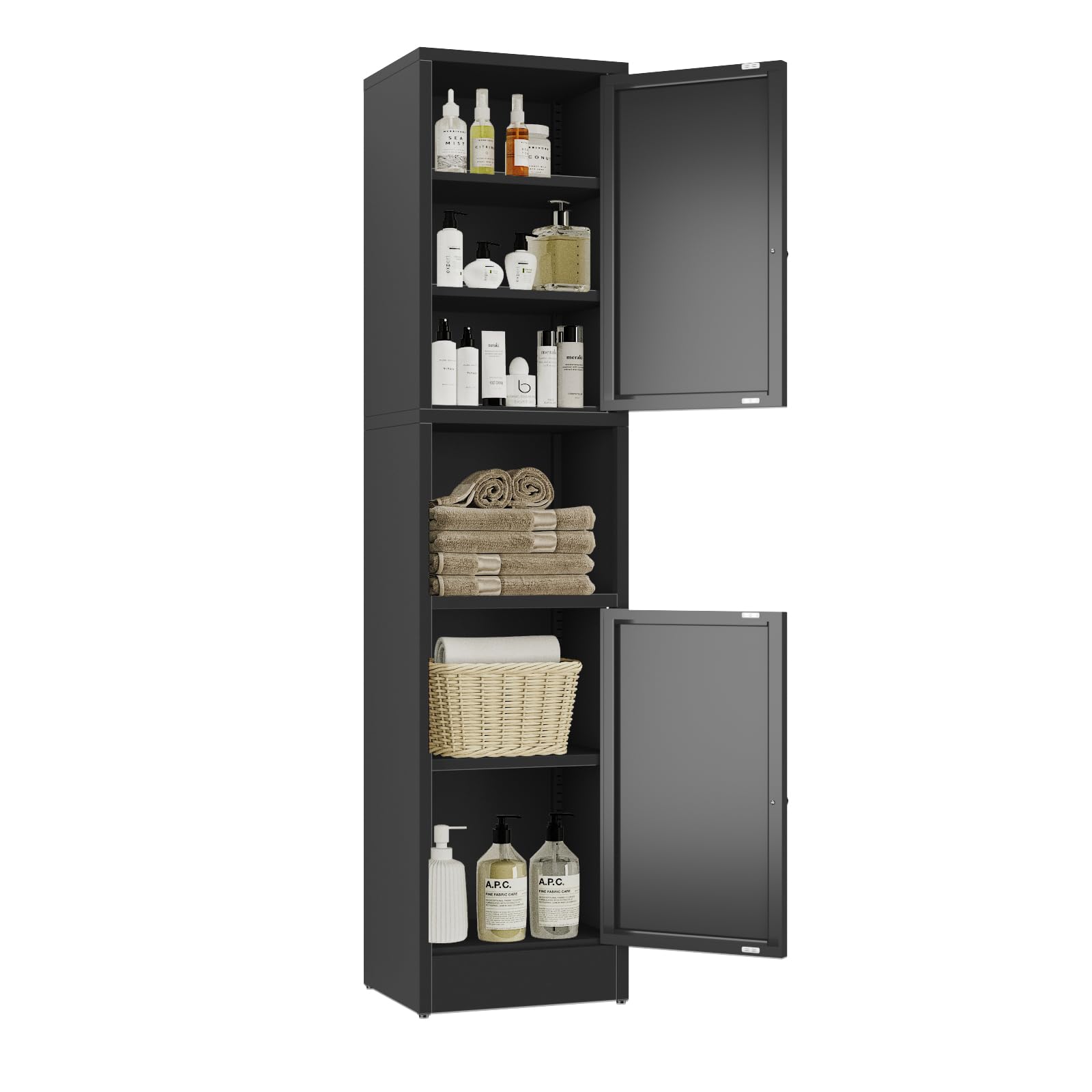 Black Tall Metal Storage Cabinet with 3 Adjustable Shelves & 2 Doors - Narrow Sideboard for Small Spaces - Perfect for Living Room, Home Office & Dining Room Organization