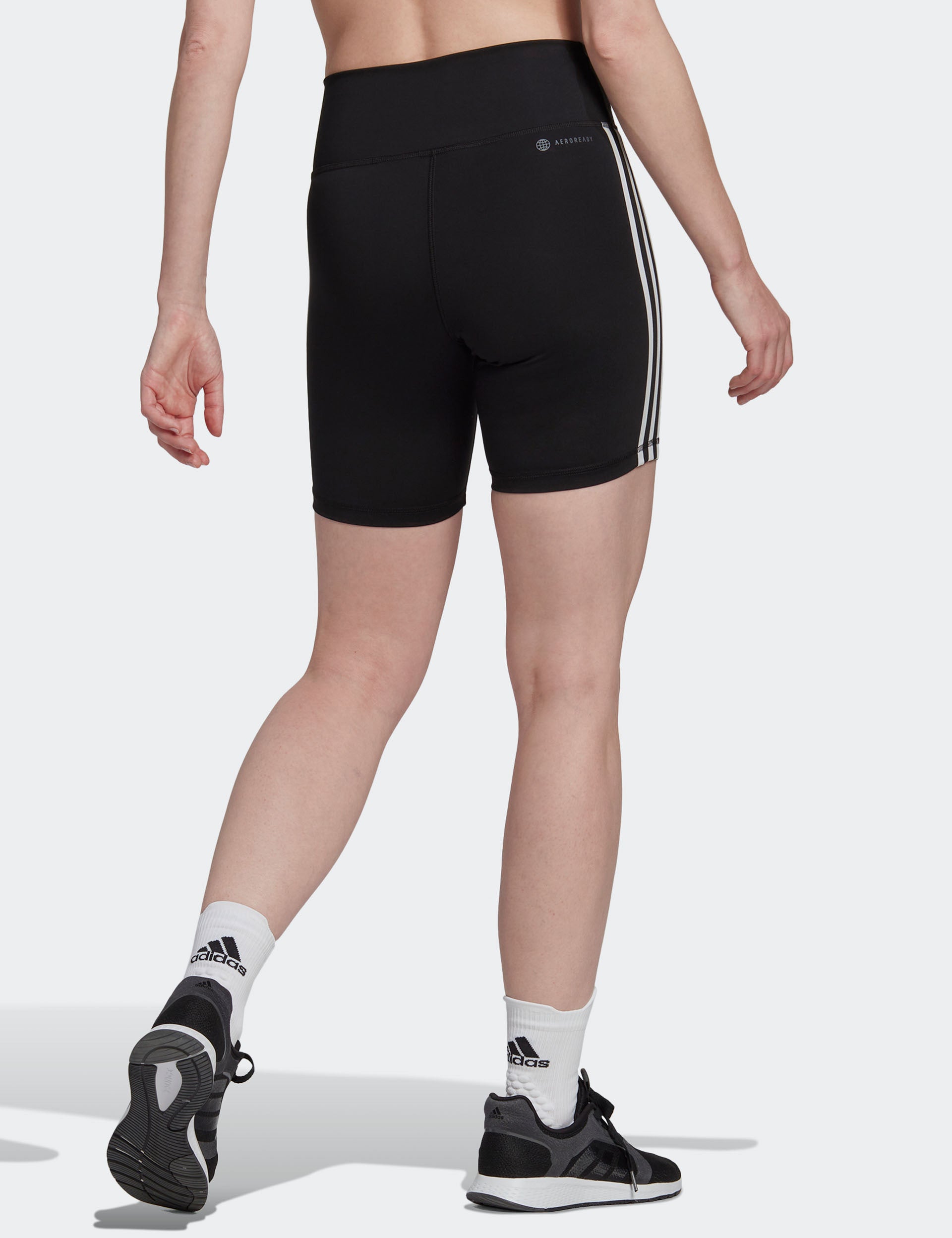 Training Essentials 3 Stripes High Waisted Short Leggings for Women - Black Workout Yoga Running Gym Shorts | Perfect for Yoga, Running & Gym