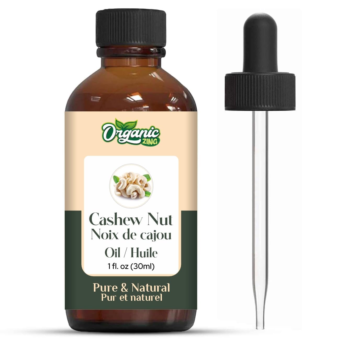 Organic Zing Cashew Nut (Anacardium Occidentale) Oil - 100% Pure Natural Carrier Oil for Skin Care, Hair Growth & Aromatherapy Massage | 30ml/1.01fl oz | Moisturizing Face Serum, Scalp Treatment & Relaxing Body Oil