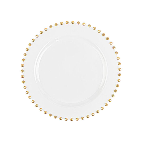 32-Pack White and Gold Round Plastic Dinnerware Set for 16 Guests - Elegant Beaded Design - Perfect for Weddings, Parties, and Special Events