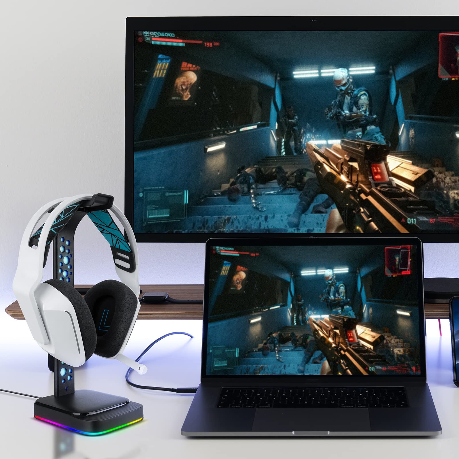 Geekria RGB ABS Headphone Stand for Over-Ear Headphones & Gaming Headsets - Heavy Base Desk Display Holder Compatible with AKG K612, HyperX Cloud II (Black) - Perfect for Gaming Setup & Office Organization