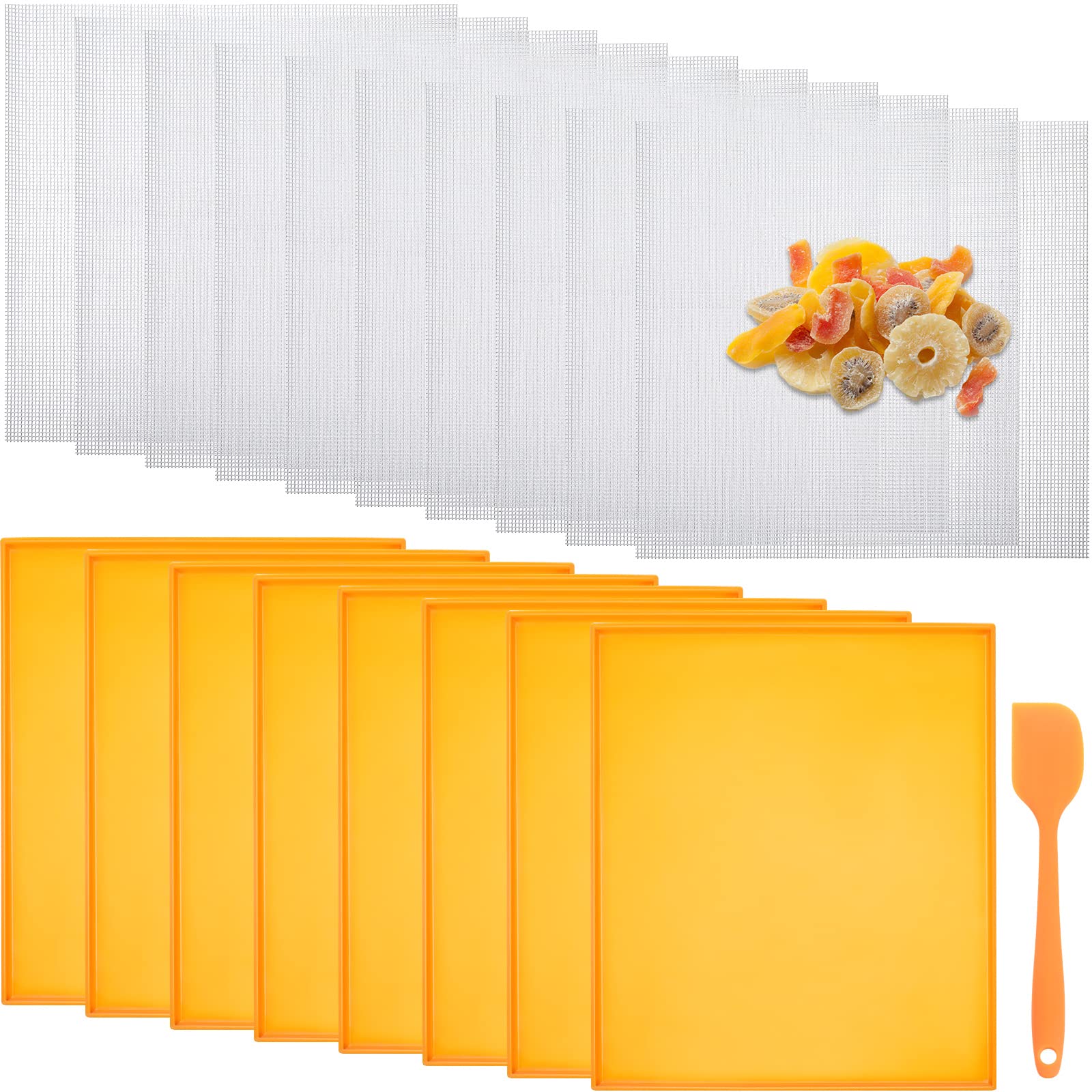 Thenshop 8 Pcs Silicone Dehydrator Sheets with Edge + 10 Pcs Mesh Dehydrator Mats with Silicone Scraper - Non-Stick Fruit Leather Trays for Liquid, Meat & Fruit (Orange) - Perfect for Food Dehydrators, Jerky Making & Healthy Snacks