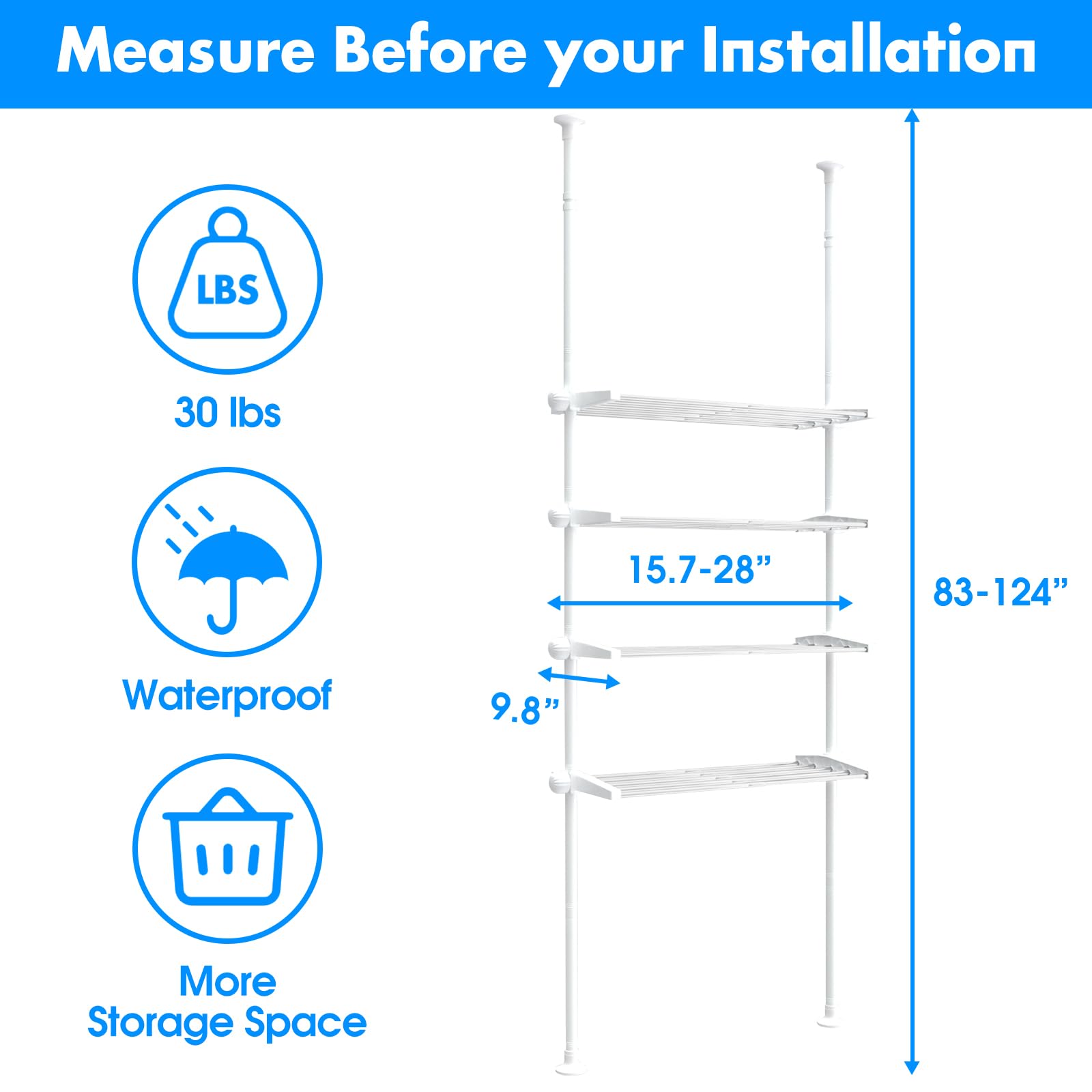 Adjustable Over The Toilet Storage Shelf - 91-124 Inch 4-Tier Bathroom Organizer Rack | Stainless Steel Space Saver for Small Bathrooms | Perfect for Towels, Toiletries & Bathroom Essentials (White)