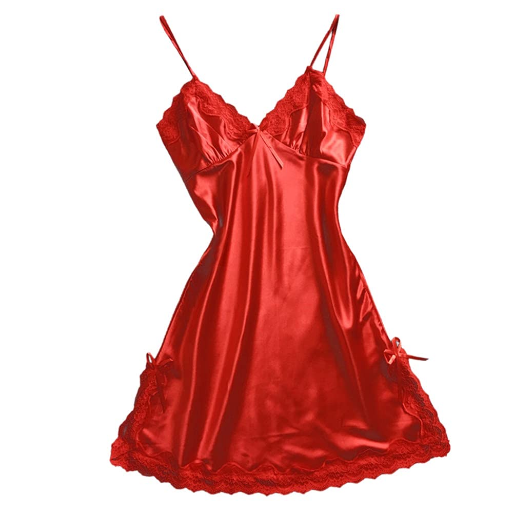 Sexy Women's Lace Satin Babydoll Nightgown - V-Neck Sling Short Skirt with Bowknot Lingerie Sleepwear for Ladies | Perfect for Valentine's Day, Honeymoon & Romantic Nights