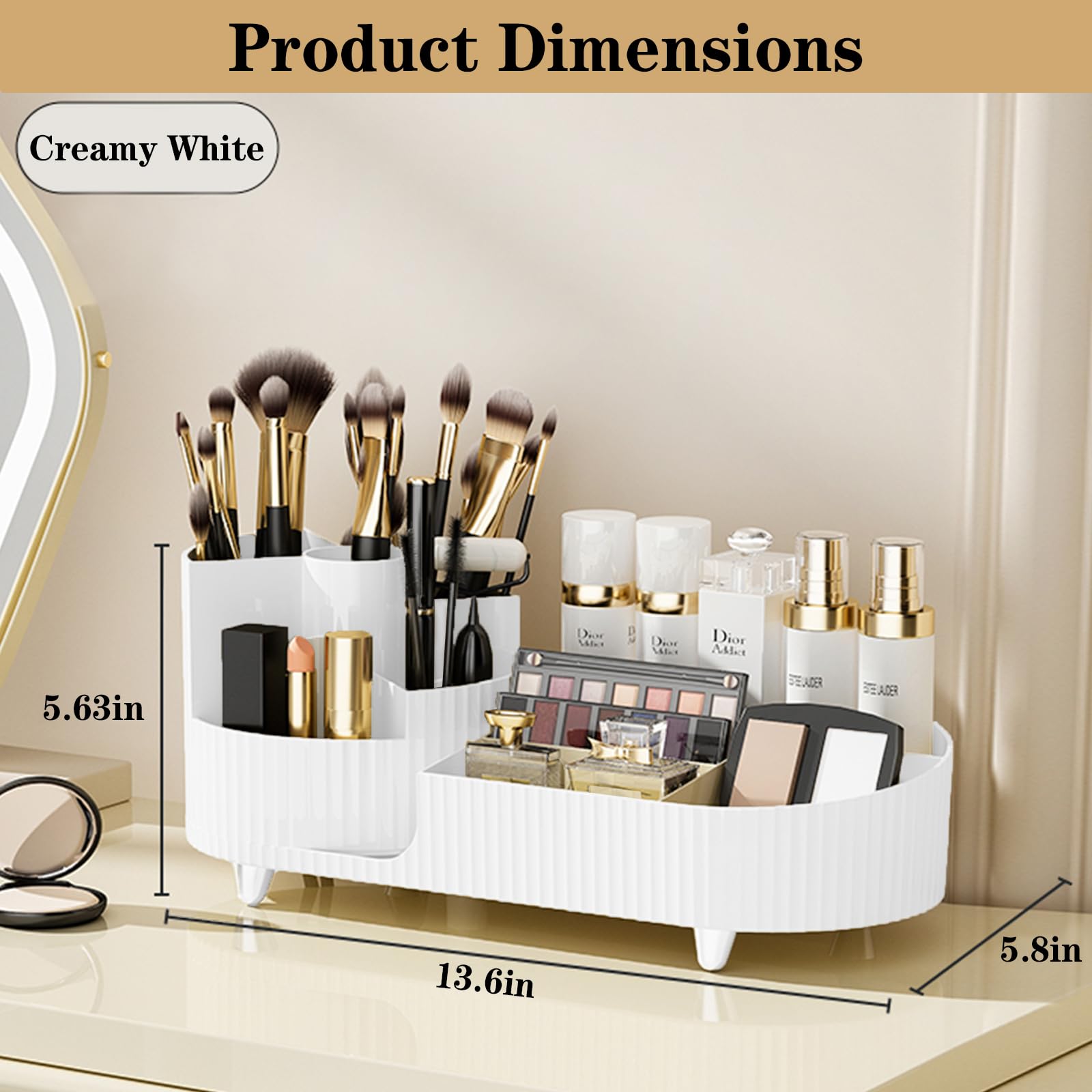 Rotating Makeup Organizer with Brush Holder - Large Spinning Cosmetic & Skincare Storage for Vanity Countertop - Perfect for Perfume, Lotions, and Beauty Products Display (White) - Ideal for Bedroom, Bathroom, and Dressing Room Organization