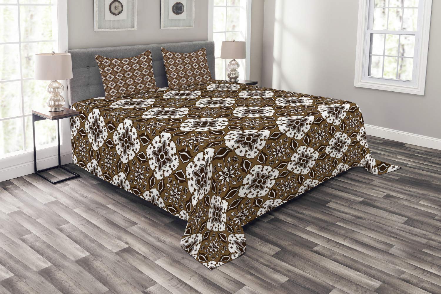 Ambesonne Chocolate Brown King Size 3-Piece Bedspread Set with Floral Indonesian Batik Pattern - Includes Decorative Coverlet & 2 Pillow Shams | Perfect for Master Bedroom, Guest Room & Bohemian Home Decor