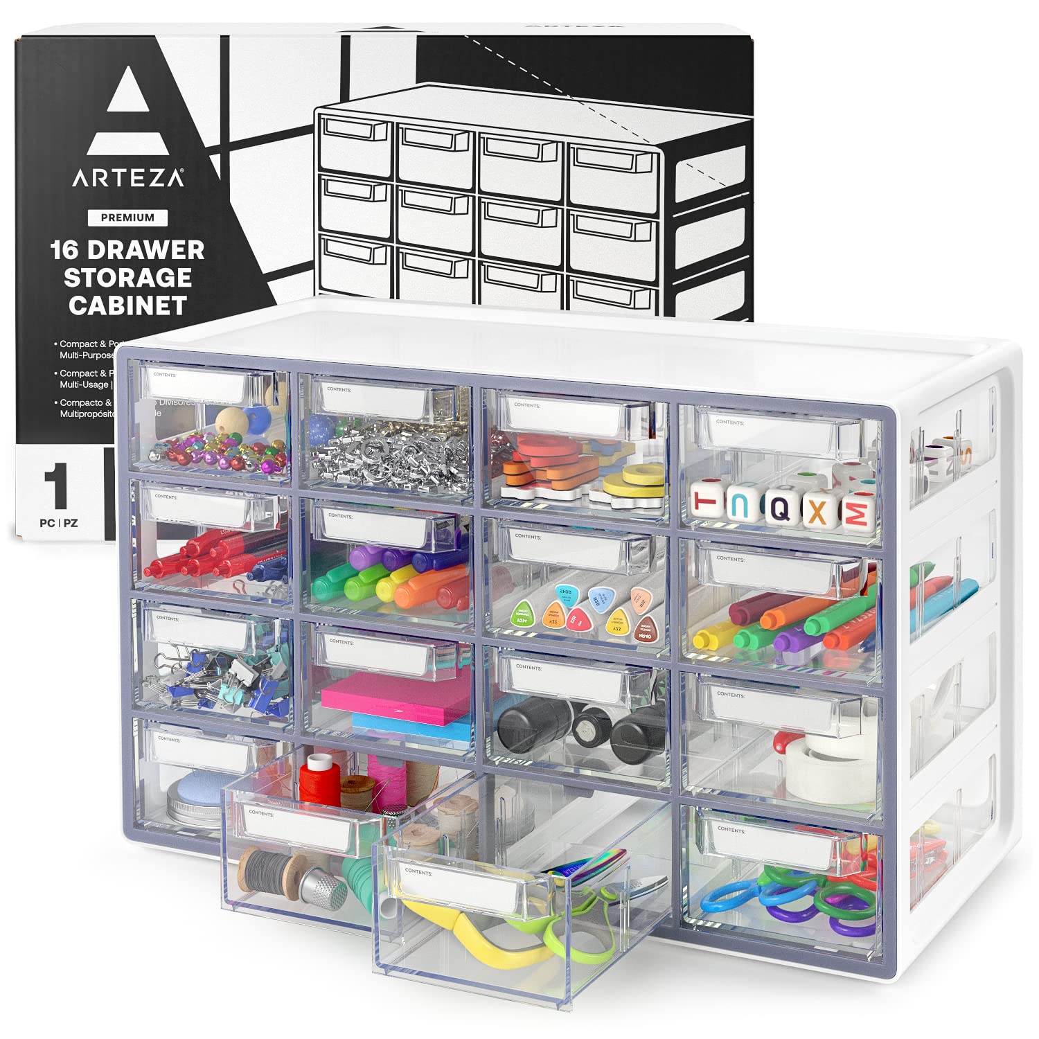 Arteza 16-Drawer Plastic Storage Cabinet - 17.7 x 8.2 x 10.9 Inches, White | Multi-Compartment Organizer with Stopper Drawers | Perfect for Makeup, Art Supplies, Jewelry & Craft Storage | Home, Office & Beauty Salon Organization Solution