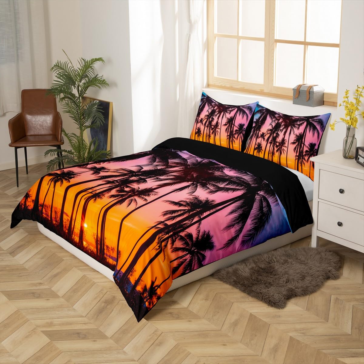 Tropical Sunset Palm Leaves Duvet Cover Set - Twin Size Microfiber Bedding with Zipper Closure | Botanical Hawaiian Vacation Style Quilt & Pillowcase | Perfect for Beach House, Guest Room or Boho Chic Bedroom Decor