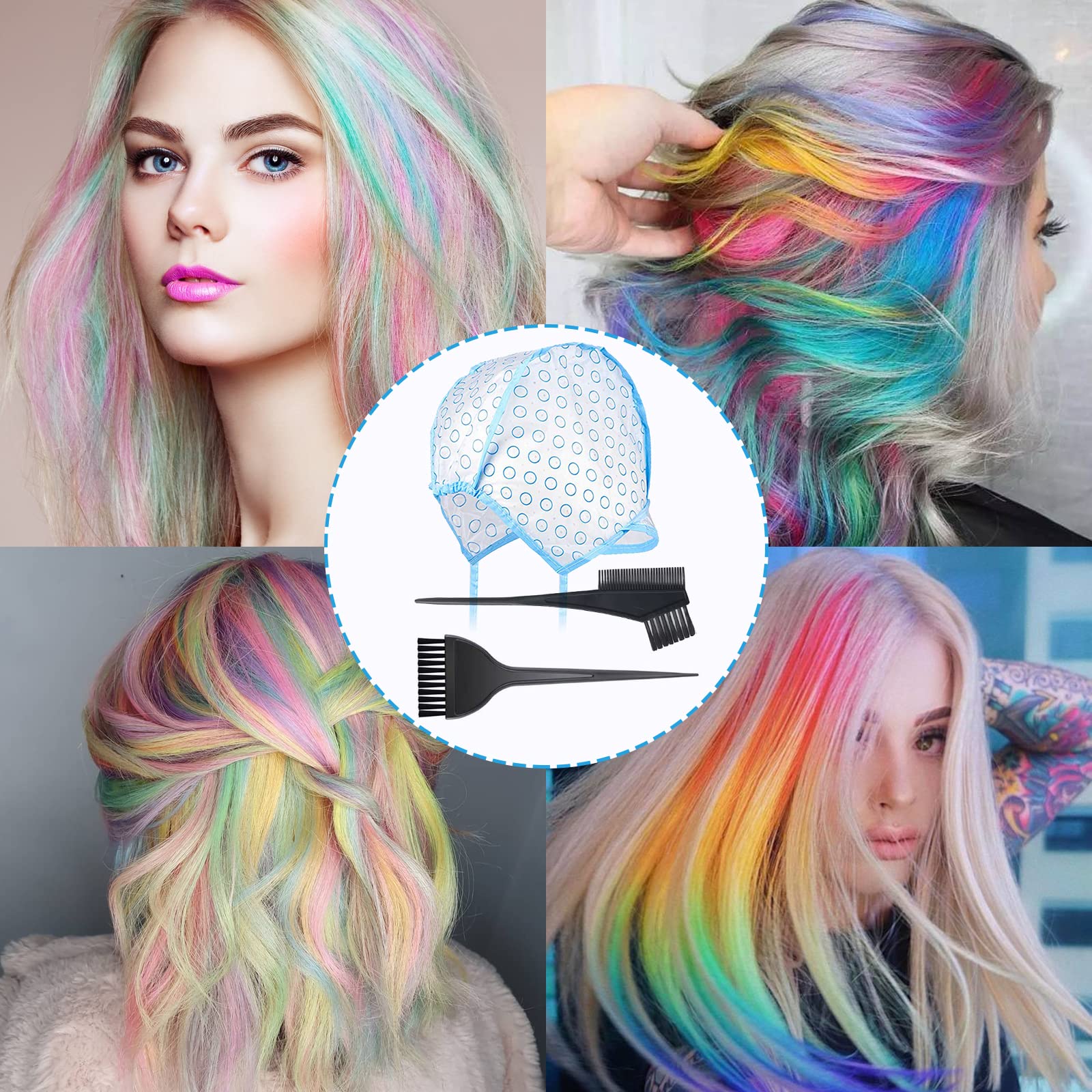 17 Pcs Professional Hair Highlighting Kit - Includes 6 Disposable Frosting Caps, 3 Iron Crochet Hooks, 2 Plastic Hooks, 2 Dye Brushes, 4 Hair Clips - Perfect for Salon & Home Hair Coloring