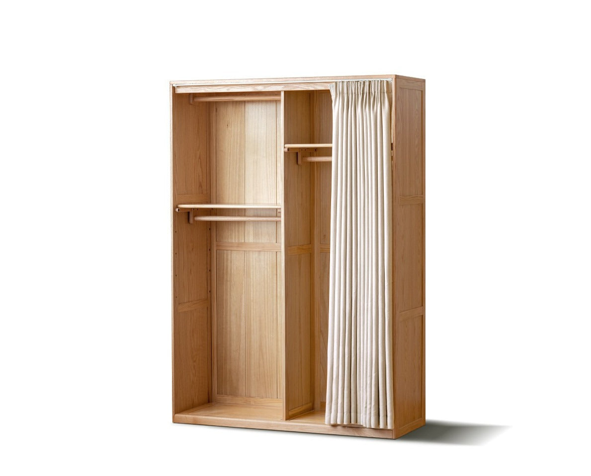 Oak Solid Wood Wardrobe with Curtain Design - Elegant Closet Storage for Bedroom, Living Room & Dorm Organization