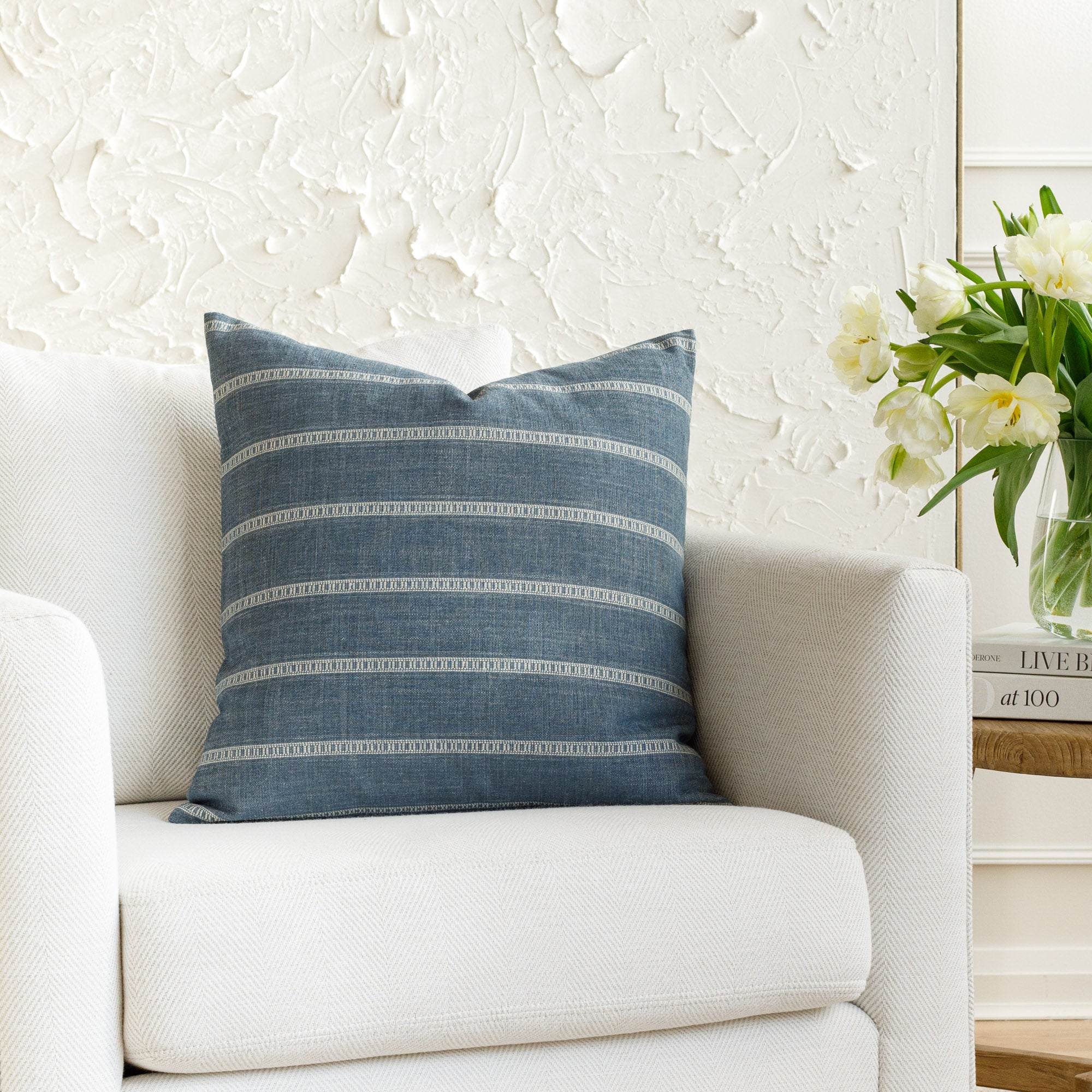 Brunswick Stripe 20x20 Decorative Throw Pillow Cover - Soft Chambray Cotton - Perfect for Sofa, Bed & Home Decor