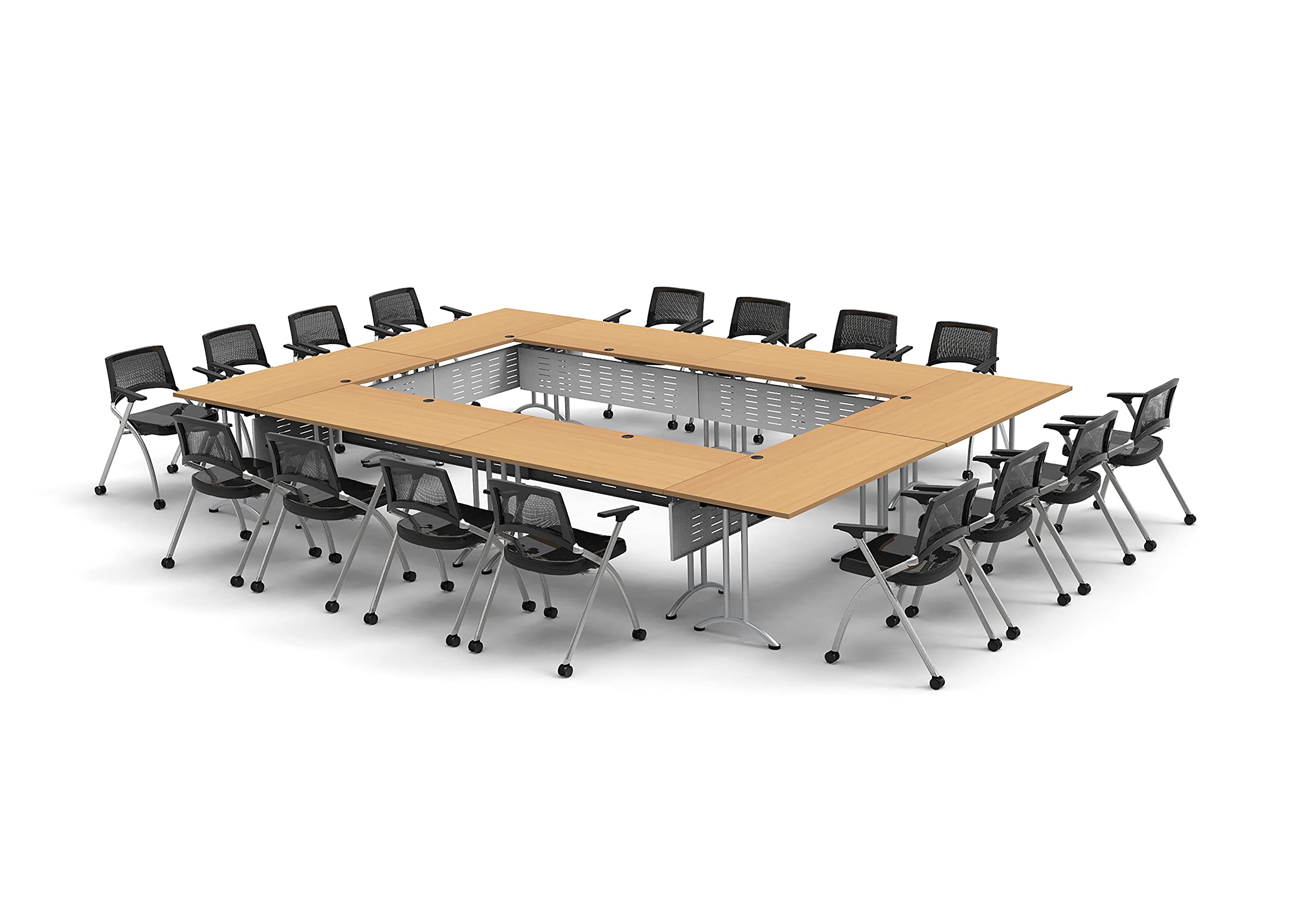 16-Person Folding Conference Table Set with 32pc Beech Chairs & Modesty Panels - Connectable Training Tables for Classrooms, Seminars & Meetings - Space-Saving Nesting Design for Compact Storage - Ideal for Office Training, School Classrooms & Conference Room Setup