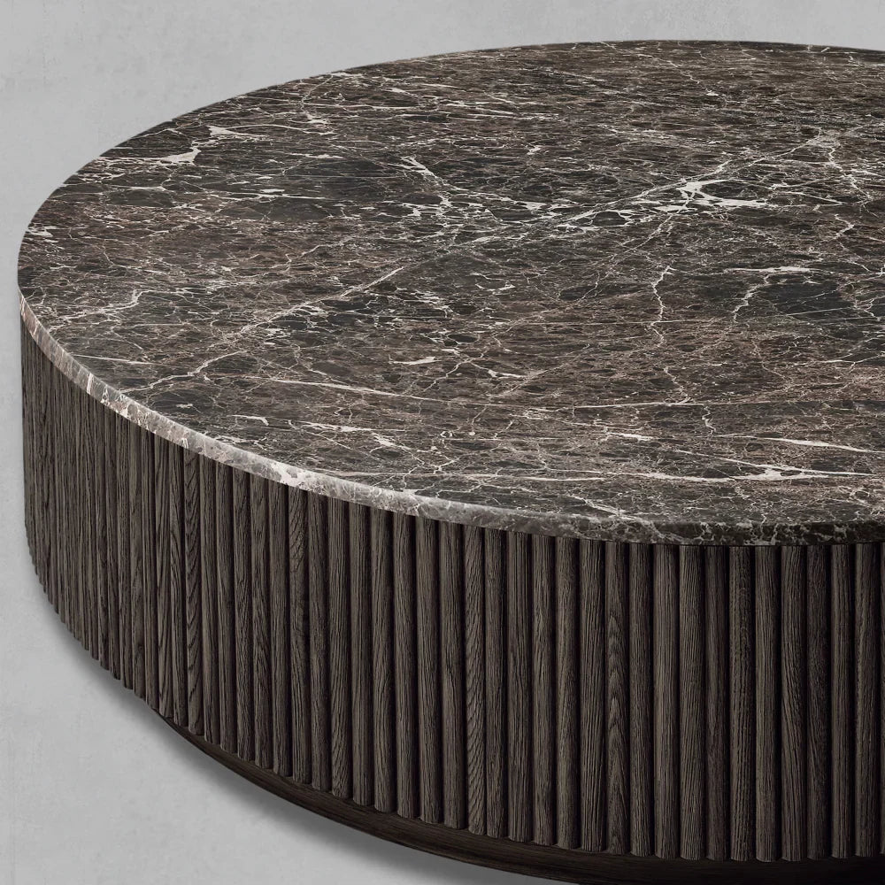 Mulholland Solid Oak Wood & Natural Stone Round Coffee Table - Modern Living Room Centerpiece for Home Decor