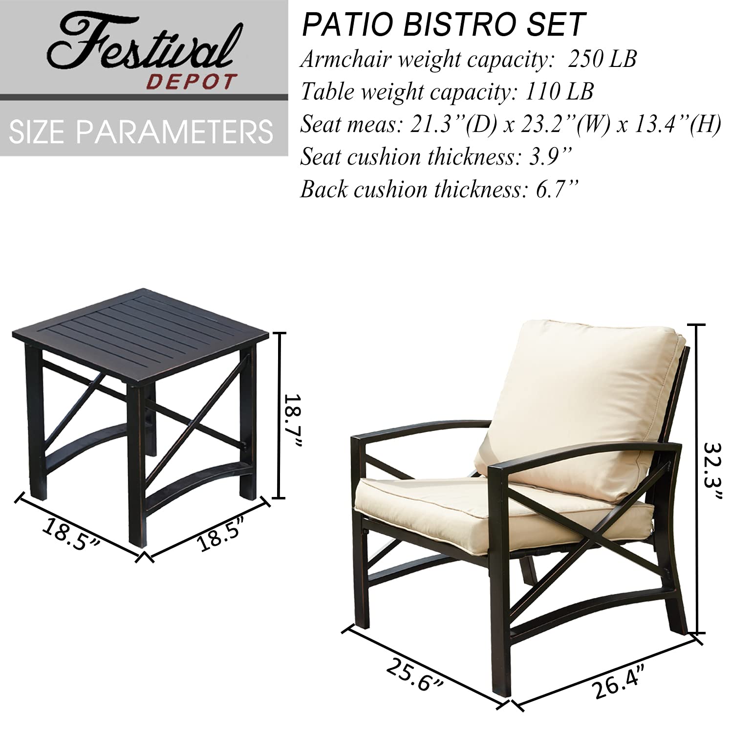 3-Piece Patio Bistro Set with Thick Cushions & Side Table - All-Weather Metal Armchairs Outdoor Conversation Furniture for Porch, Balcony, Deck (Khaki) | Perfect for Small Gatherings, Morning Coffee & Relaxing Outdoors