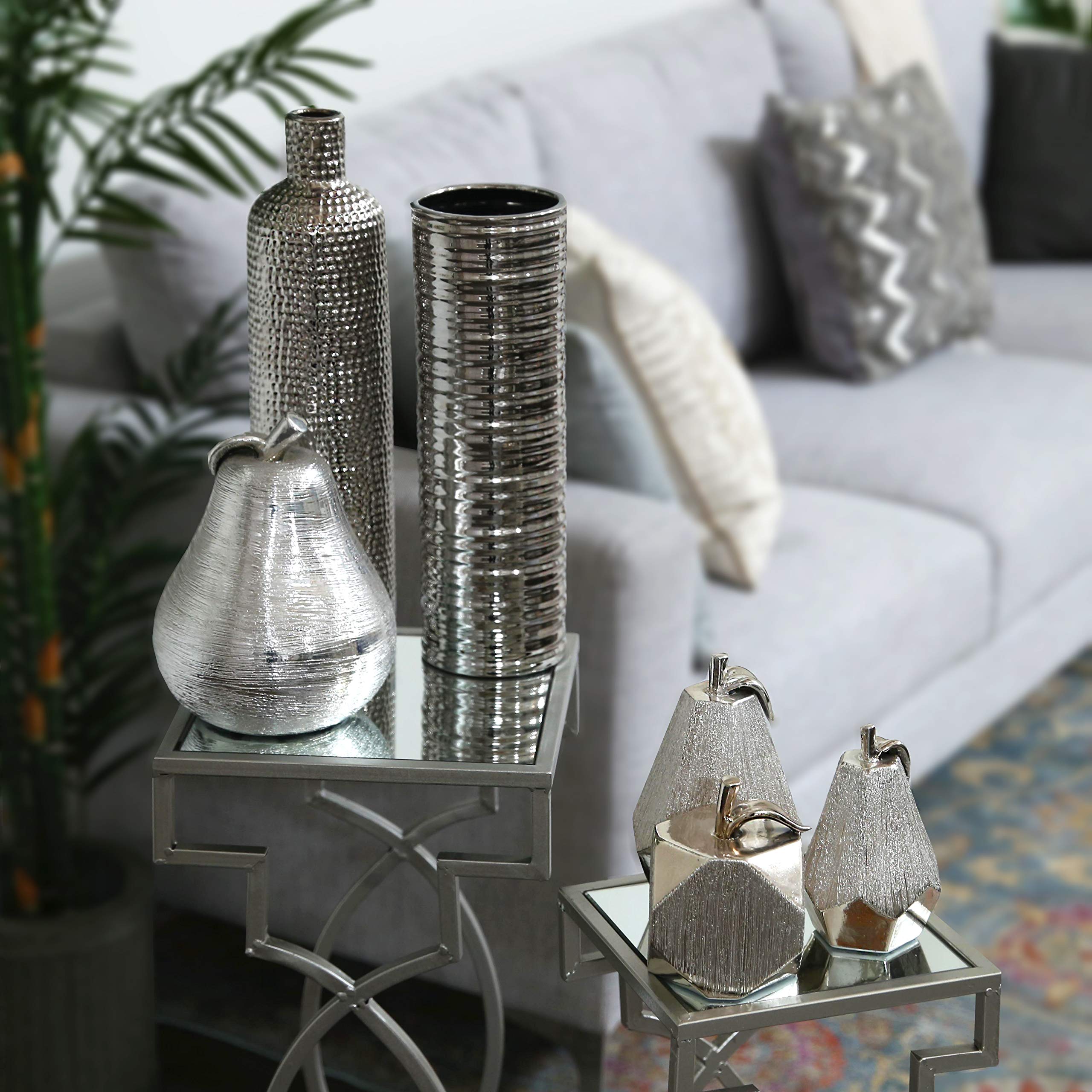 Chrome Silver Ceramic Vase with Elegant Neck & Cylindrical Dimpled Design - Medium Size Home Decor for Living Room, Dining Table & Wedding Centerpieces