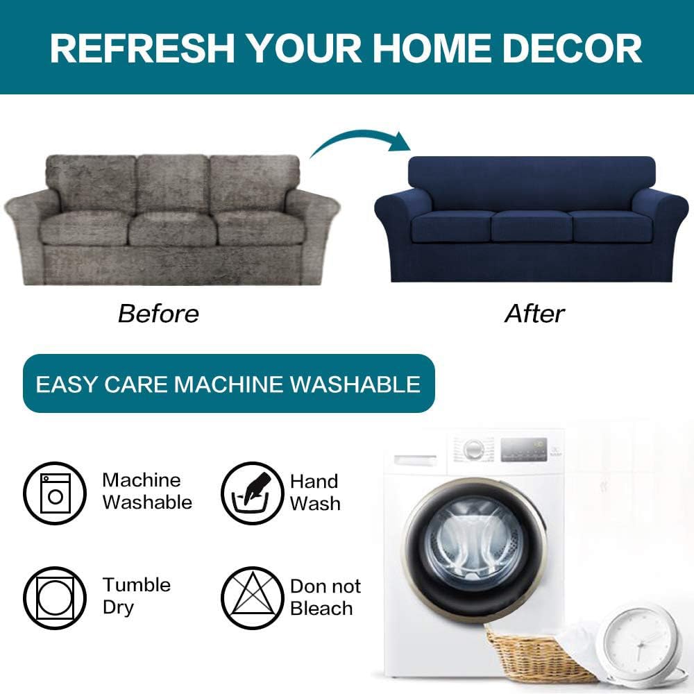 Turquoise 4-Piece Sofa Slipcover Set for 3-Cushion Couch - Soft Washable Jacquard Fabric Furniture Protector with Individual Cushion Covers (Navy Blue) - Perfect for Pet Owners & Living Room Decor