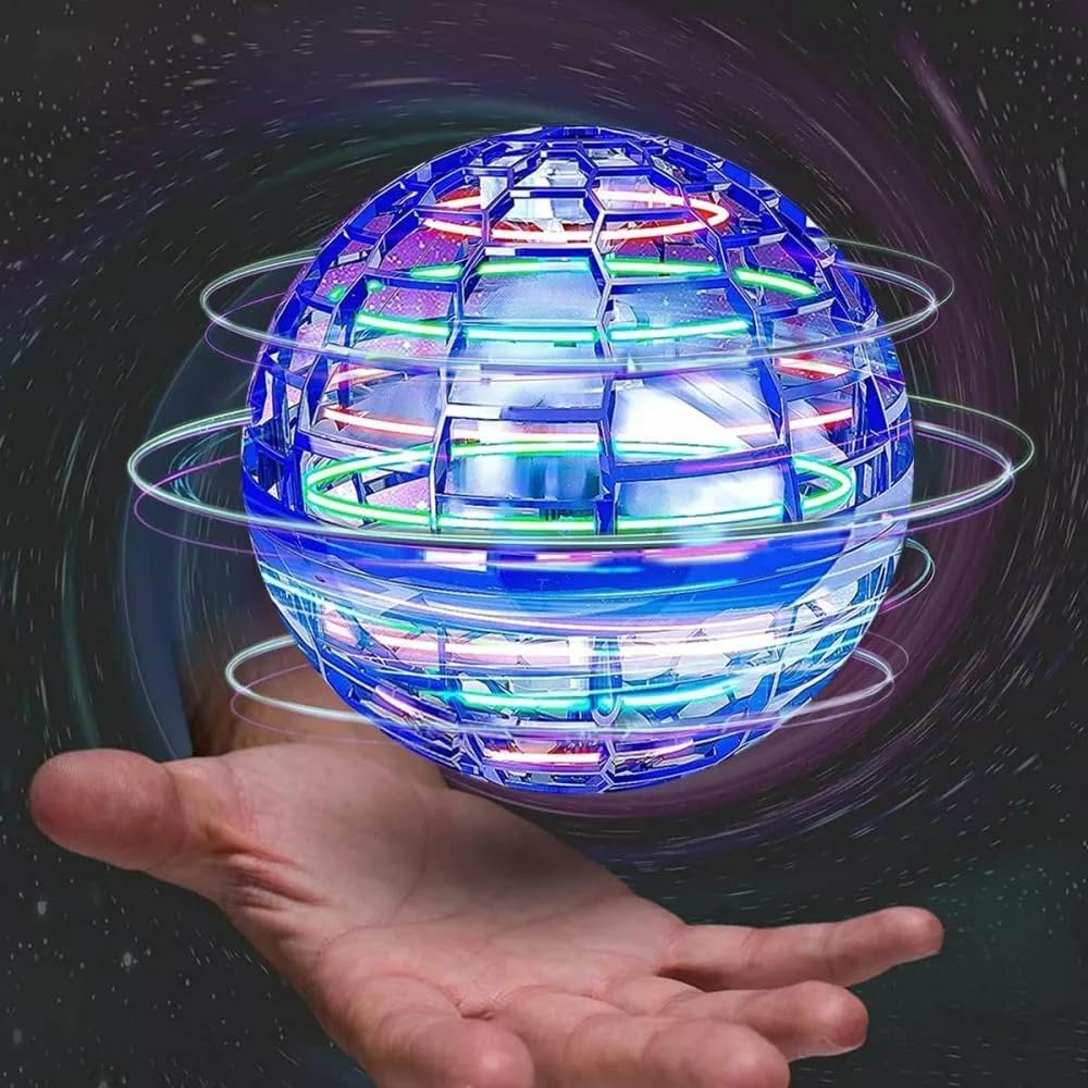 Flying Orb Ball Toy - Mini UFO Drone with LED Lights, Cosmic Globe Spinner & Hover Boomerang - Cool Outdoor Flying Toys for Kids & Adults - Perfect Birthday Gift for Boys & Girls (Blue) - Great for Backyard Play, Party Entertainment & STEM Learning