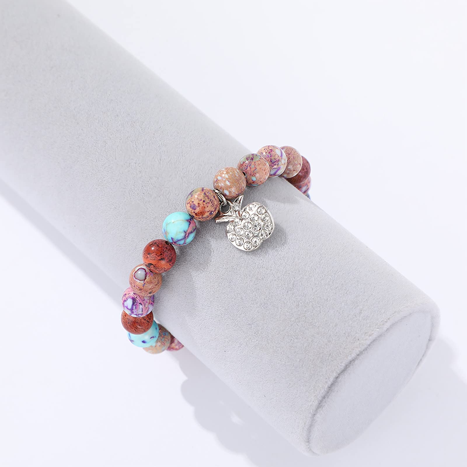 Teacher Bracelet Gift for Women - Natural Stone Jewelry with Apple Bee Charm for Graduation & Appreciation