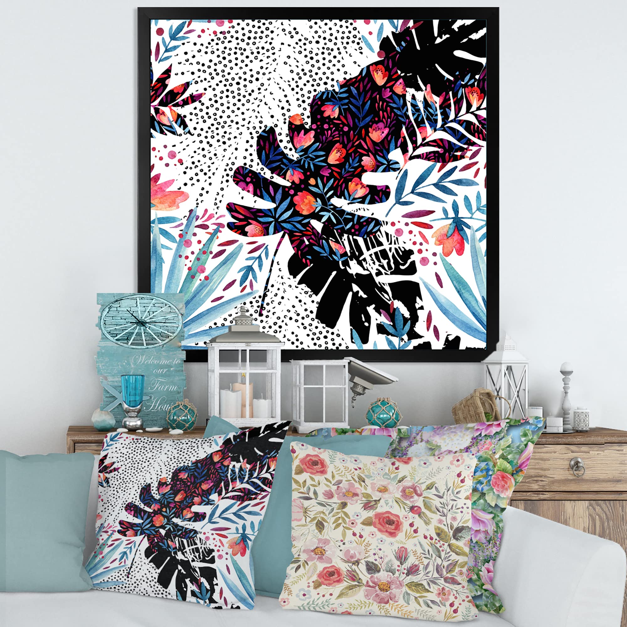 DesignQ Tropical Floral Patchwork Framed Wall Art - Vibrant Home Decor for Living Room, Bedroom & Office