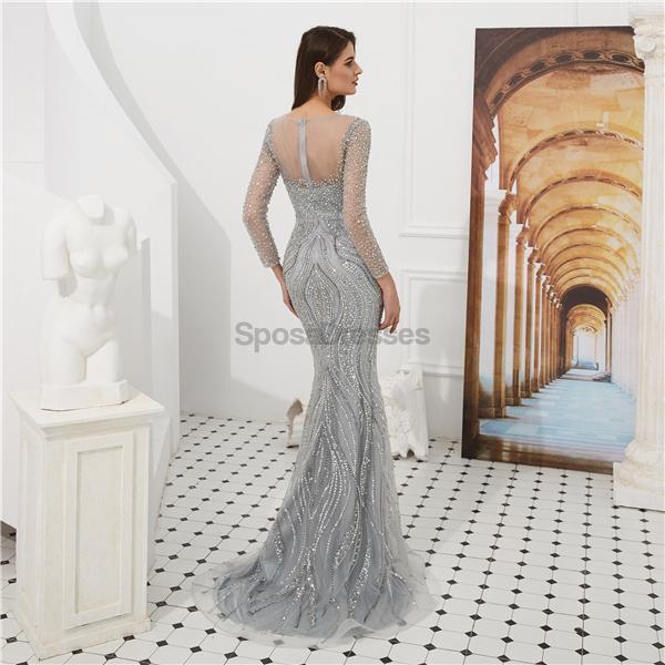 Elegant Long Sleeve Grey Beaded Mermaid Prom Dress for Evening Parties & Formal Events - Perfect for Homecoming, Pageants & Special Occasions
