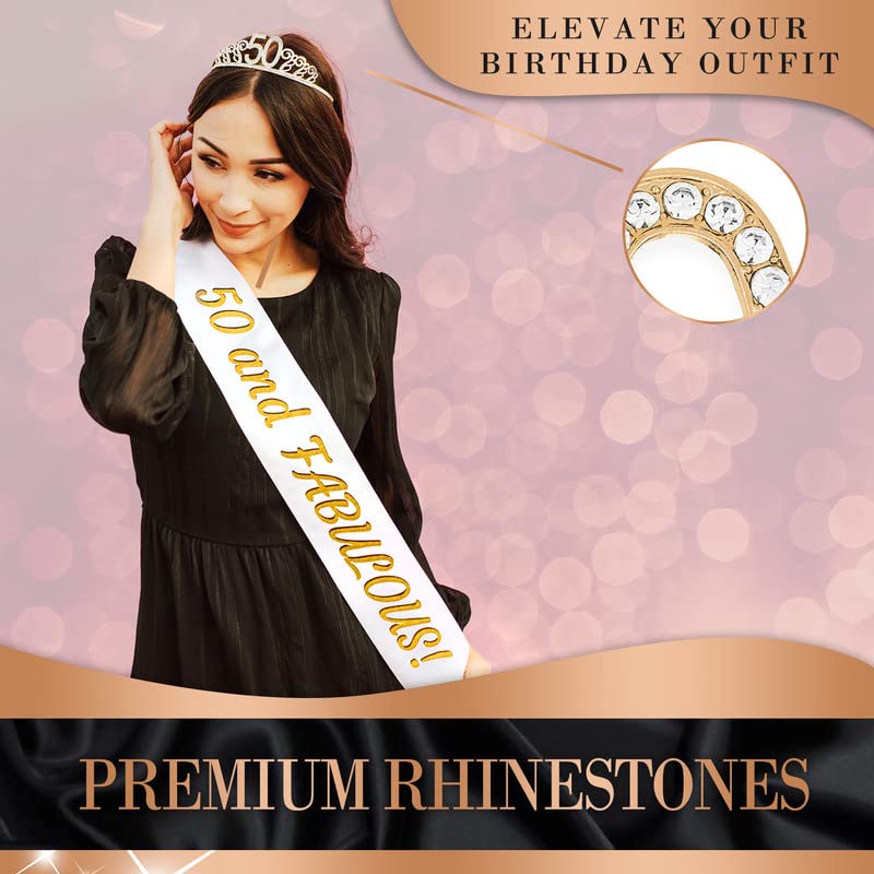 50th Birthday Sash and Crown Set - Gold '50 & Fabulous' Birthday Decorations for Women - Elegant 50th Birthday Party Supplies - Perfect for Milestone Celebrations, Bachelorette Parties & Photo Props