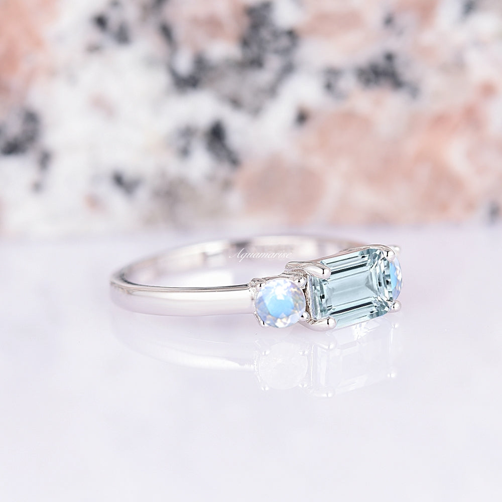 Emerald Cut Aquamarine and Moonstone Ring - 14K White Gold Wedding Engagement Ring for Women, Elegant Bridal Jewelry Gift for Her, Perfect for Anniversaries & Special Occasions