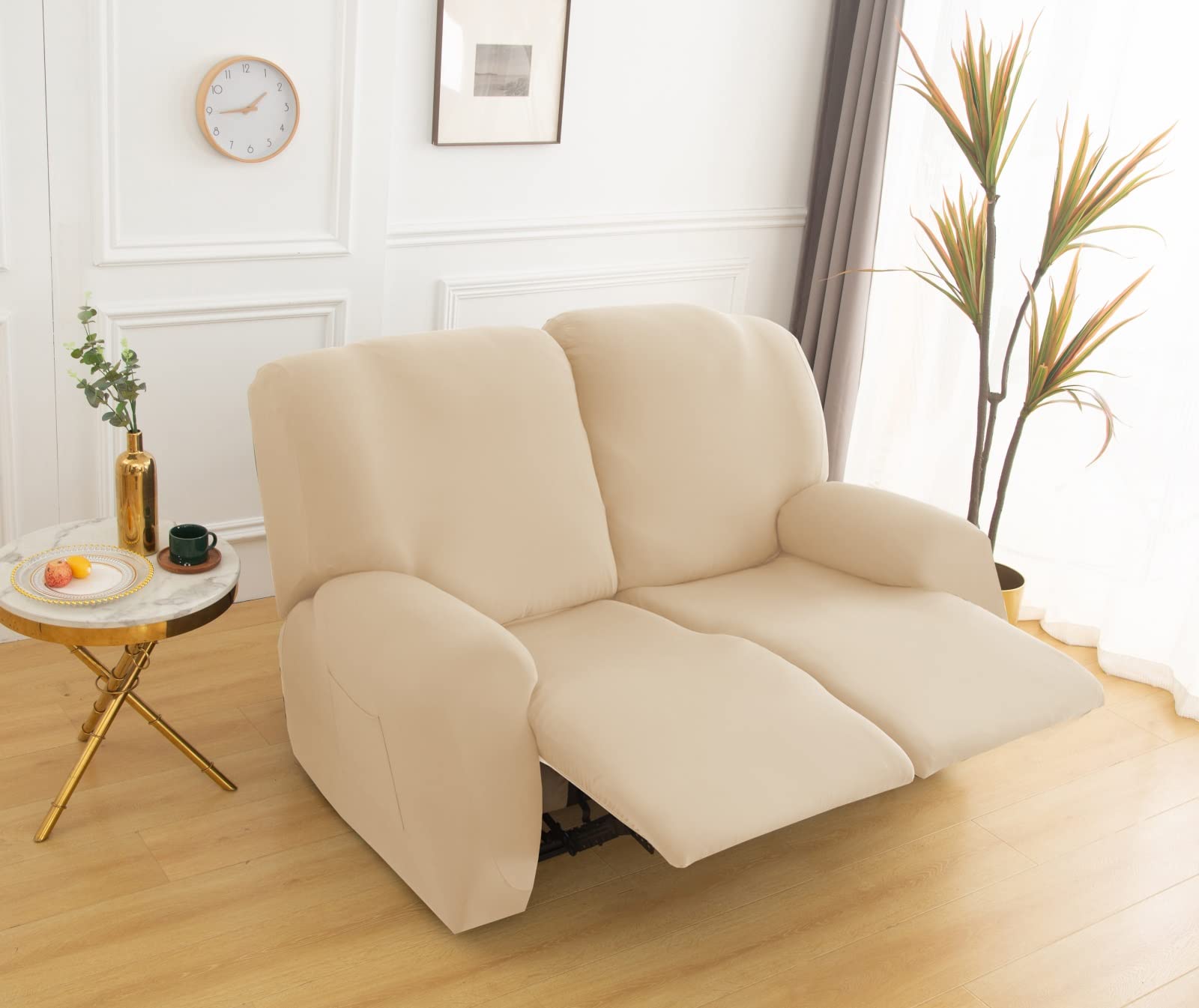 Stretch Milk Silk Loveseat Recliner Cover - 2 Seat Sofa Slipcover for Double Recliner, Furniture Protector (Beige) | Perfect for Living Room, Home Theater & Family Room Decor